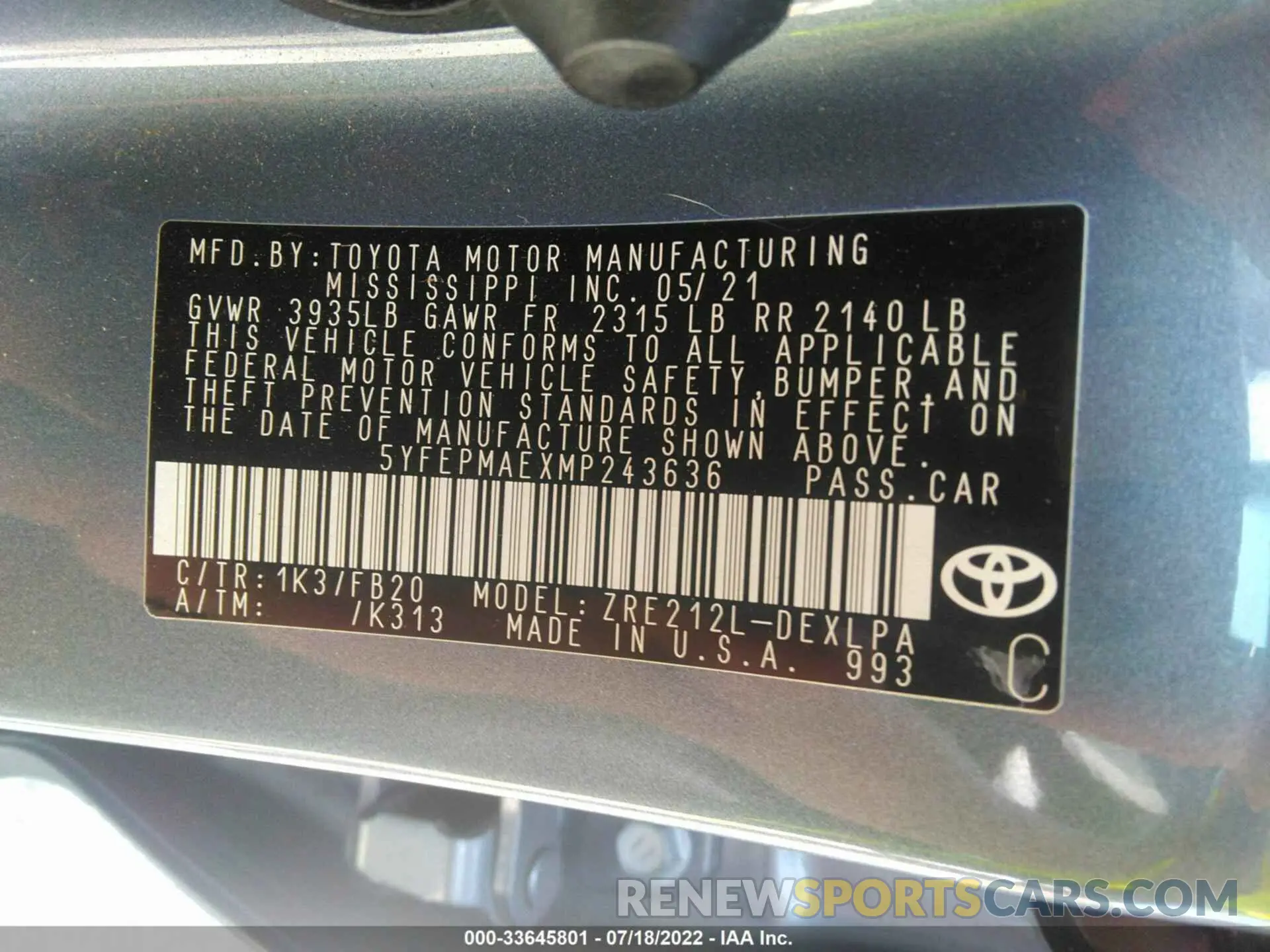 9 fotografías del automóvil dañado 5YFEPMAEXMP243636 TOYOTA COROLLA 2021