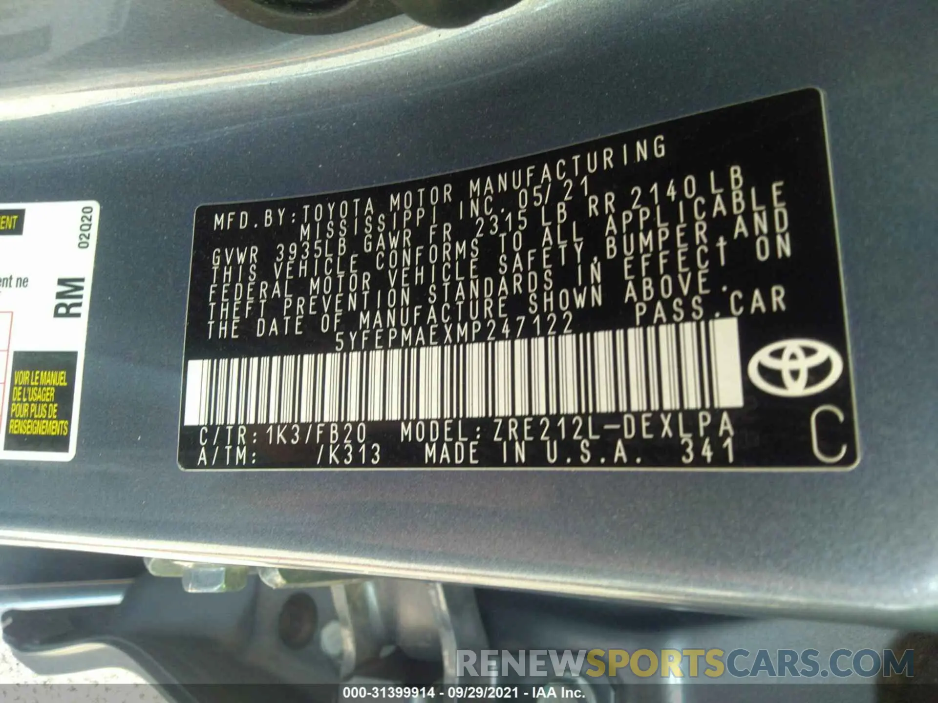 9 fotografías del automóvil dañado 5YFEPMAEXMP247122 TOYOTA COROLLA 2021