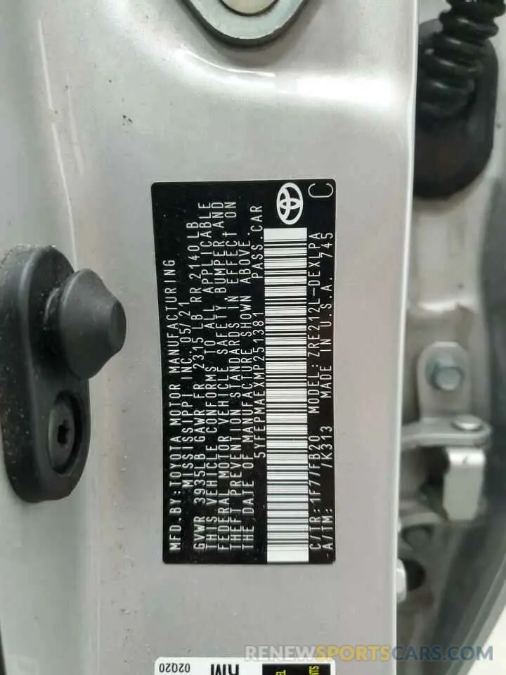 13 fotografías del automóvil dañado 5YFEPMAEXMP251381 TOYOTA COROLLA 2021