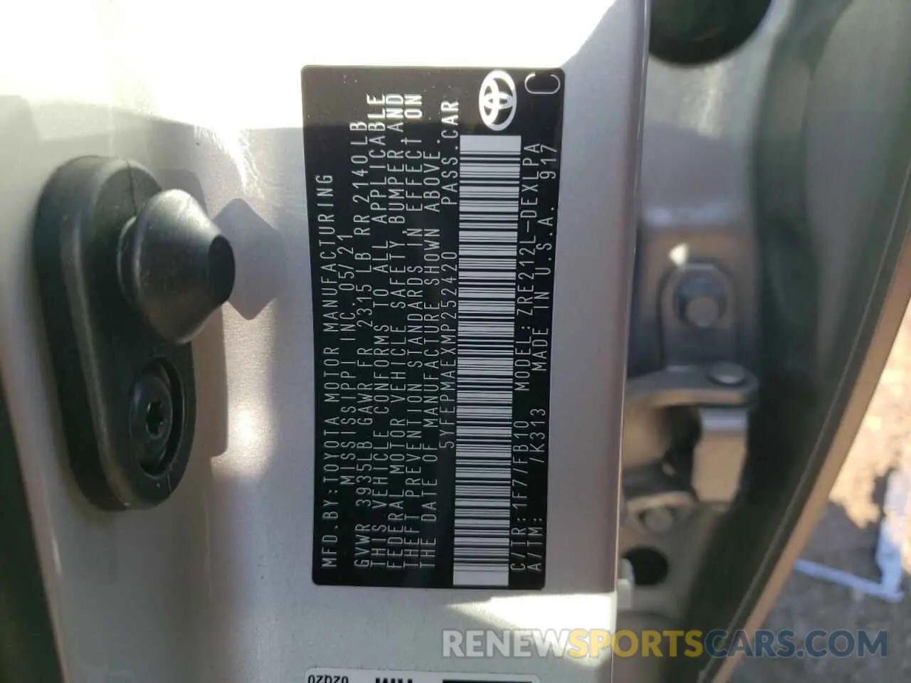 10 fotografías del automóvil dañado 5YFEPMAEXMP252420 TOYOTA COROLLA 2021