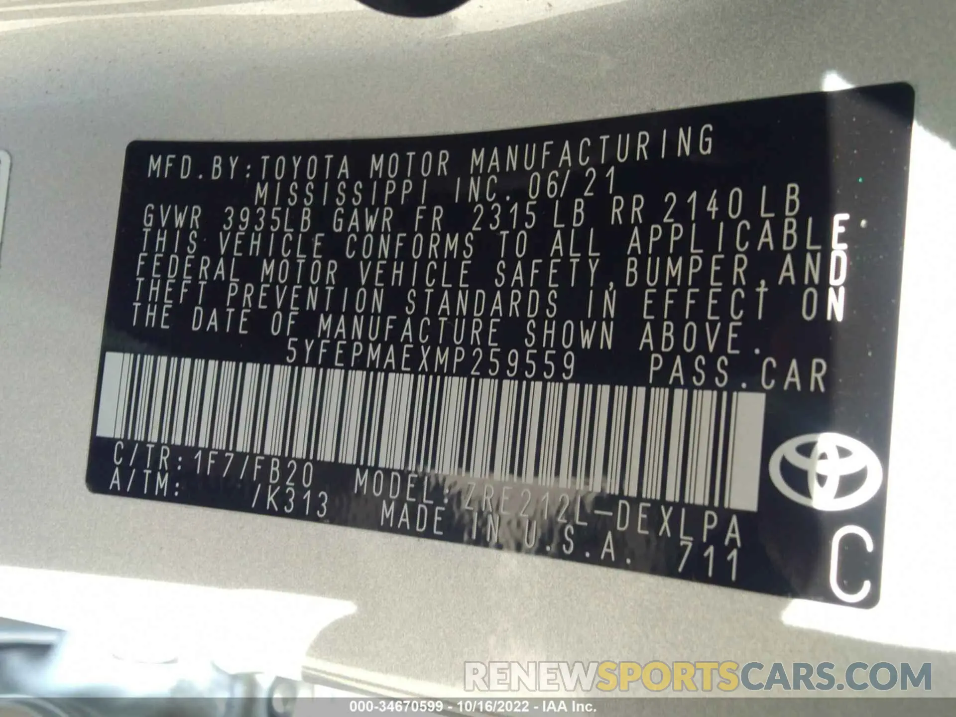 9 fotografías del automóvil dañado 5YFEPMAEXMP259559 TOYOTA COROLLA 2021