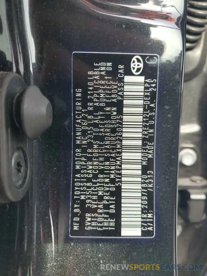 12 fotografías del automóvil dañado 5YFEPMAEXMP260775 TOYOTA COROLLA 2021