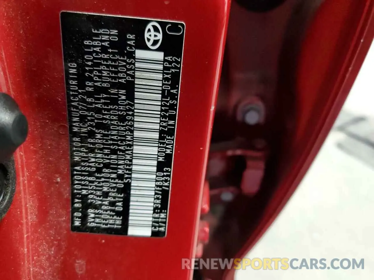 10 fotografías del automóvil dañado 5YFEPMAEXMP269427 TOYOTA COROLLA 2021