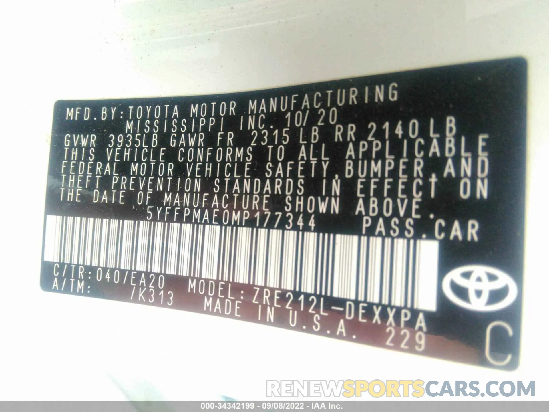 9 fotografías del automóvil dañado 5YFFPMAE0MP177344 TOYOTA COROLLA 2021