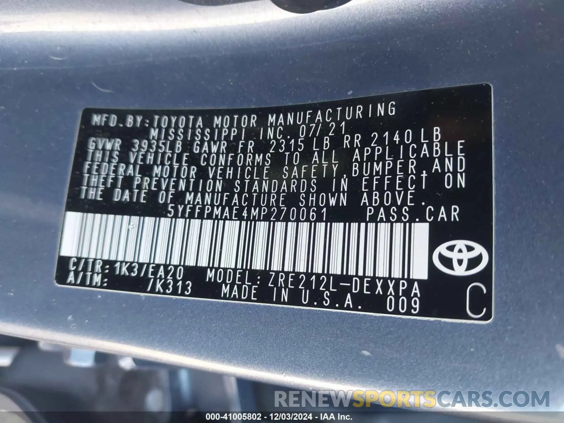 9 fotografías del automóvil dañado 5YFFPMAE4MP270061 TOYOTA COROLLA 2021