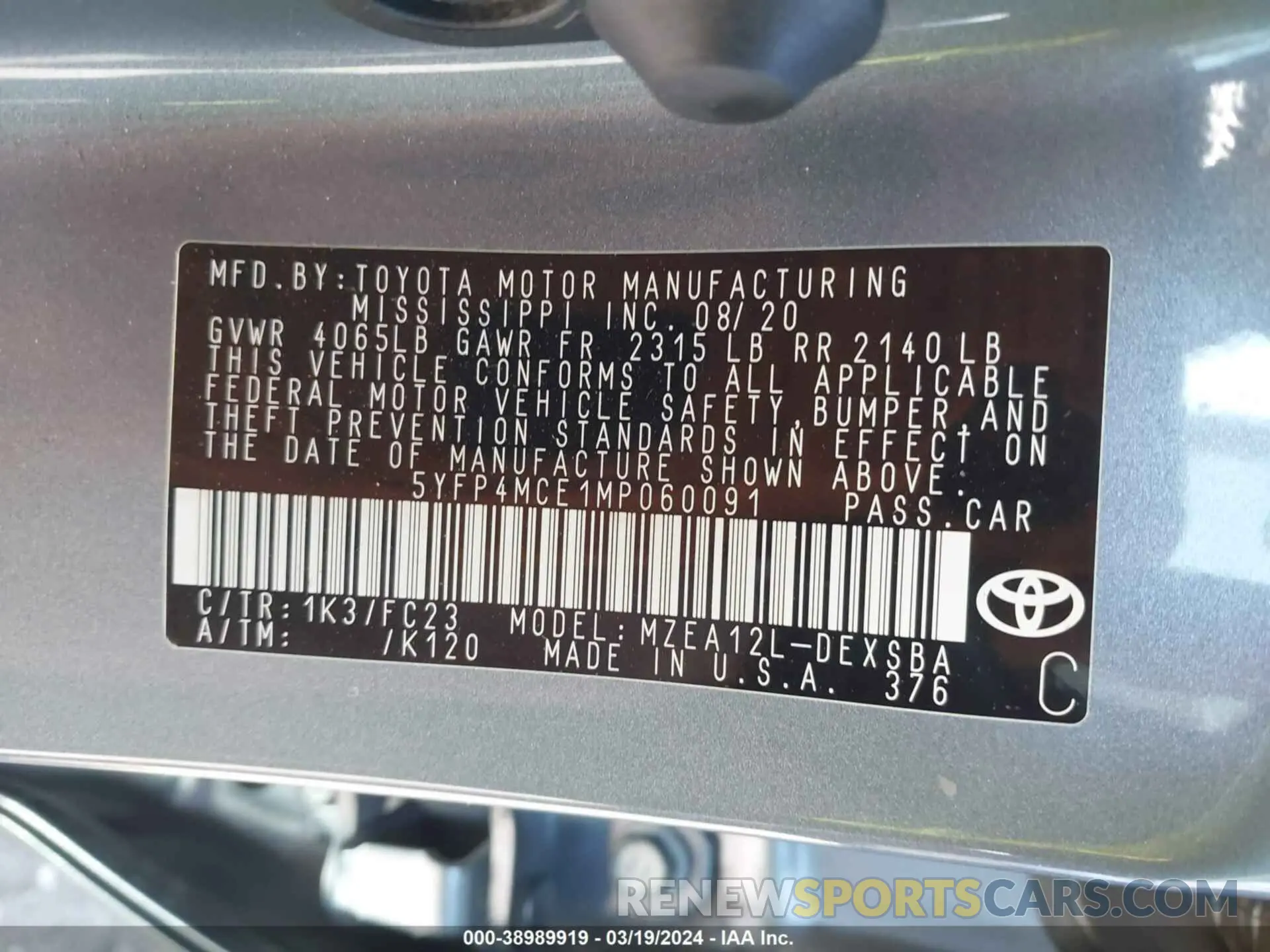9 fotografías del automóvil dañado 5YFP4MCE1MP060091 TOYOTA COROLLA 2021