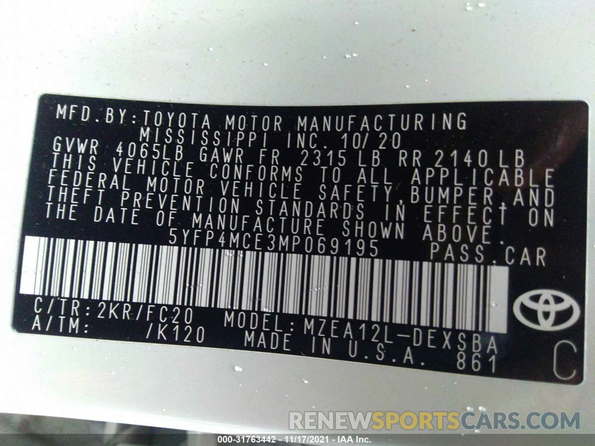 9 fotografías del automóvil dañado 5YFP4MCE3MP069195 TOYOTA COROLLA 2021