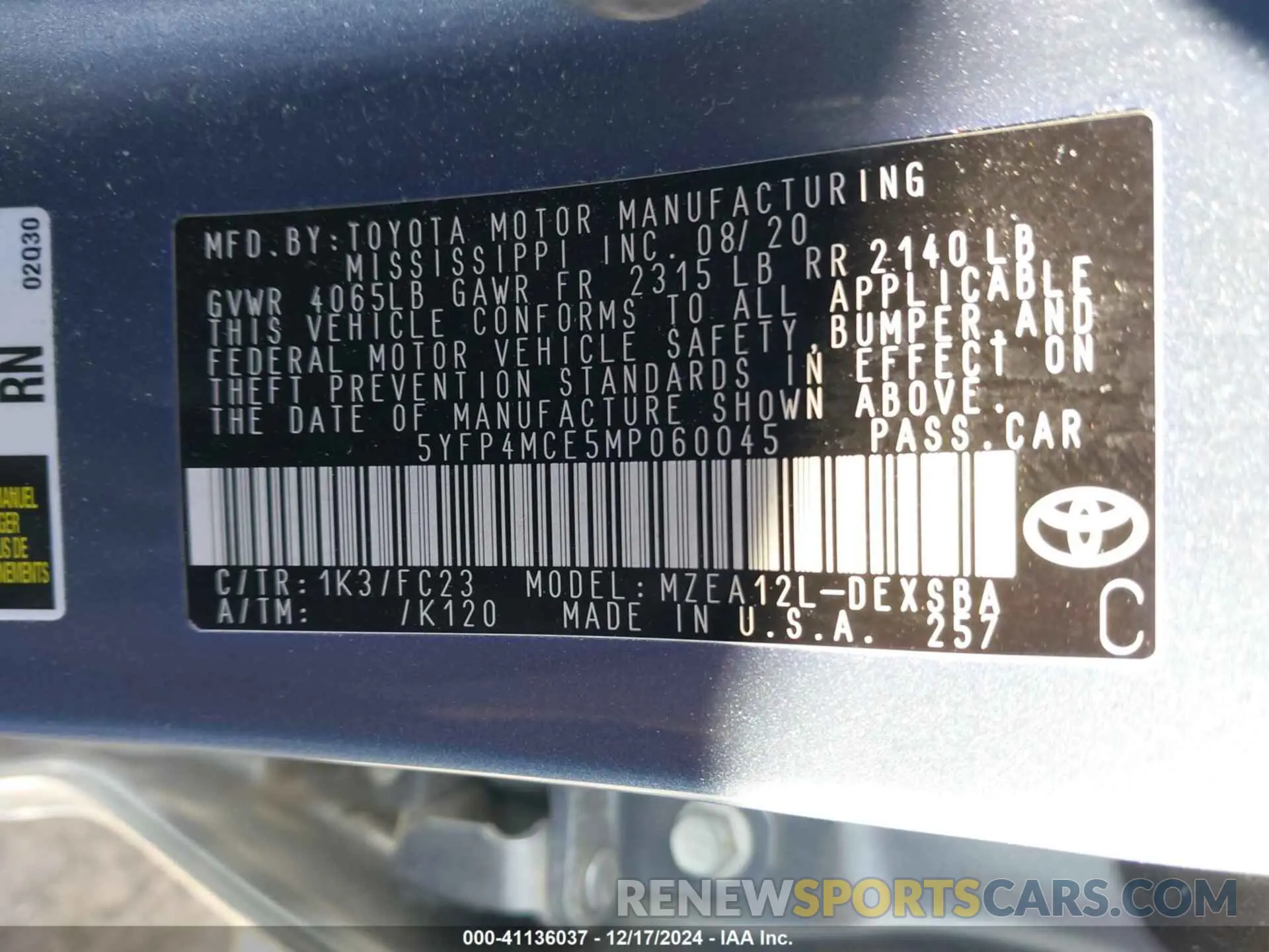 9 fotografías del automóvil dañado 5YFP4MCE5MP060045 TOYOTA COROLLA 2021