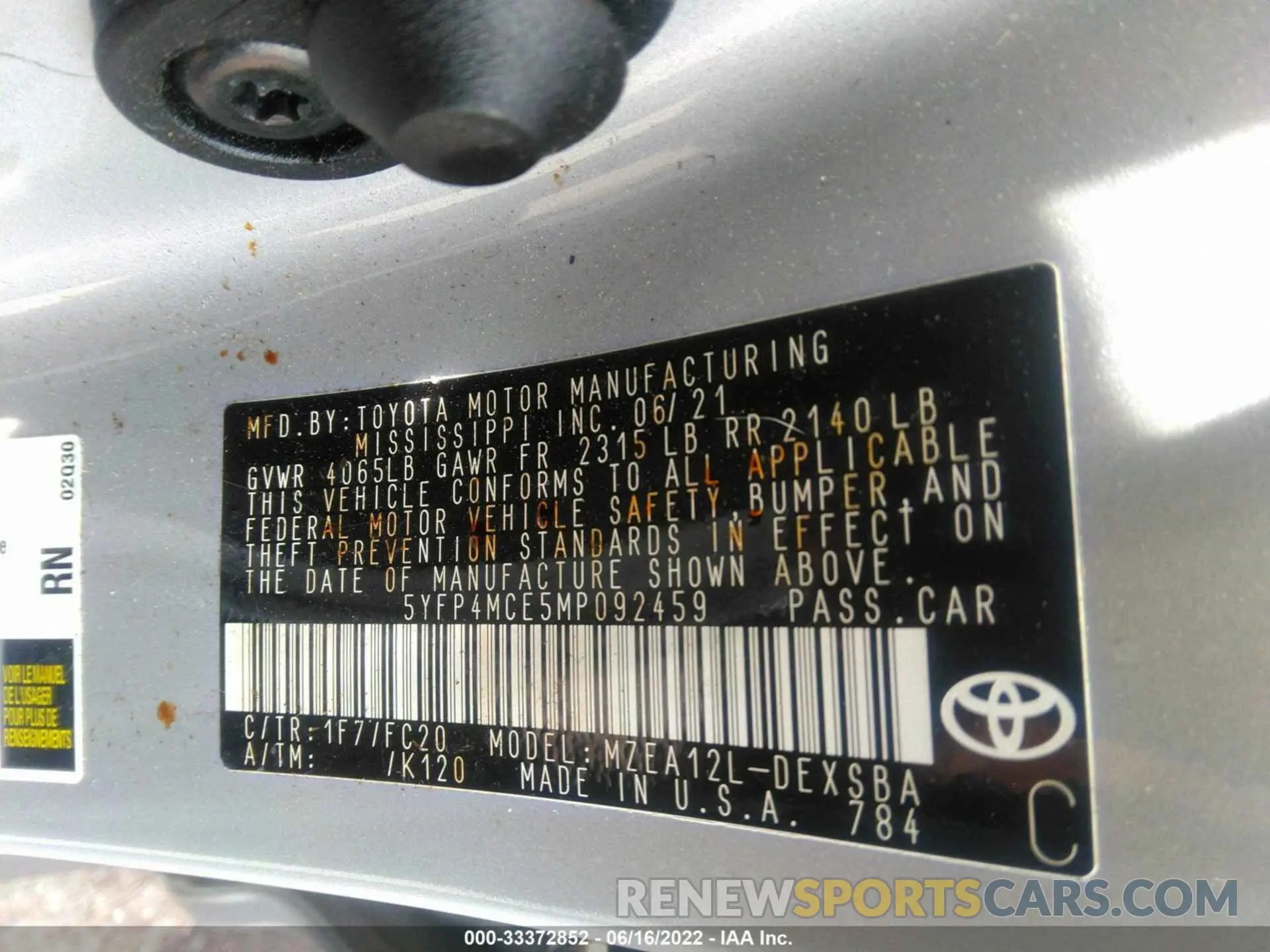 9 fotografías del automóvil dañado 5YFP4MCE5MP092459 TOYOTA COROLLA 2021