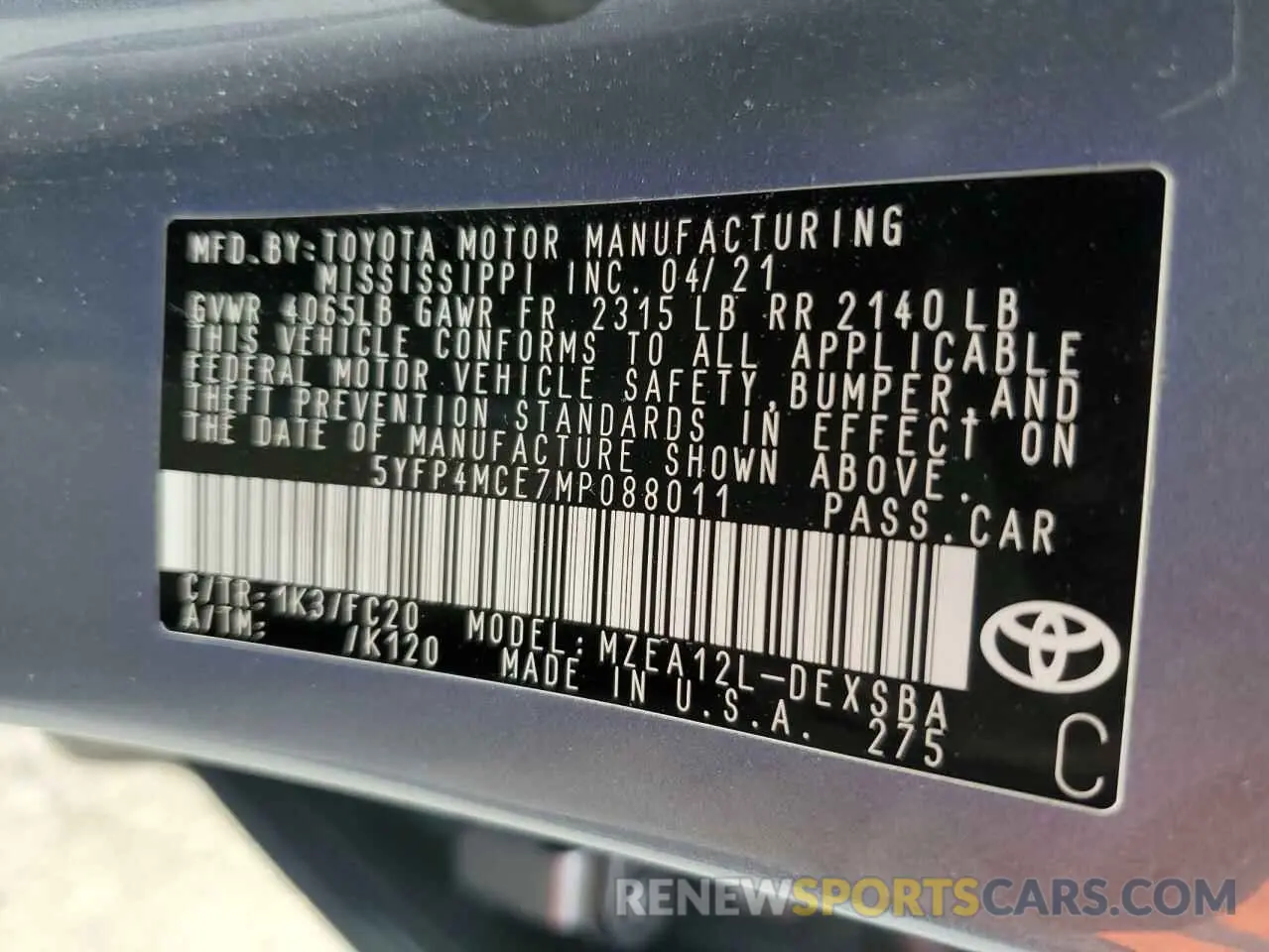 12 fotografías del automóvil dañado 5YFP4MCE7MP088011 TOYOTA COROLLA 2021