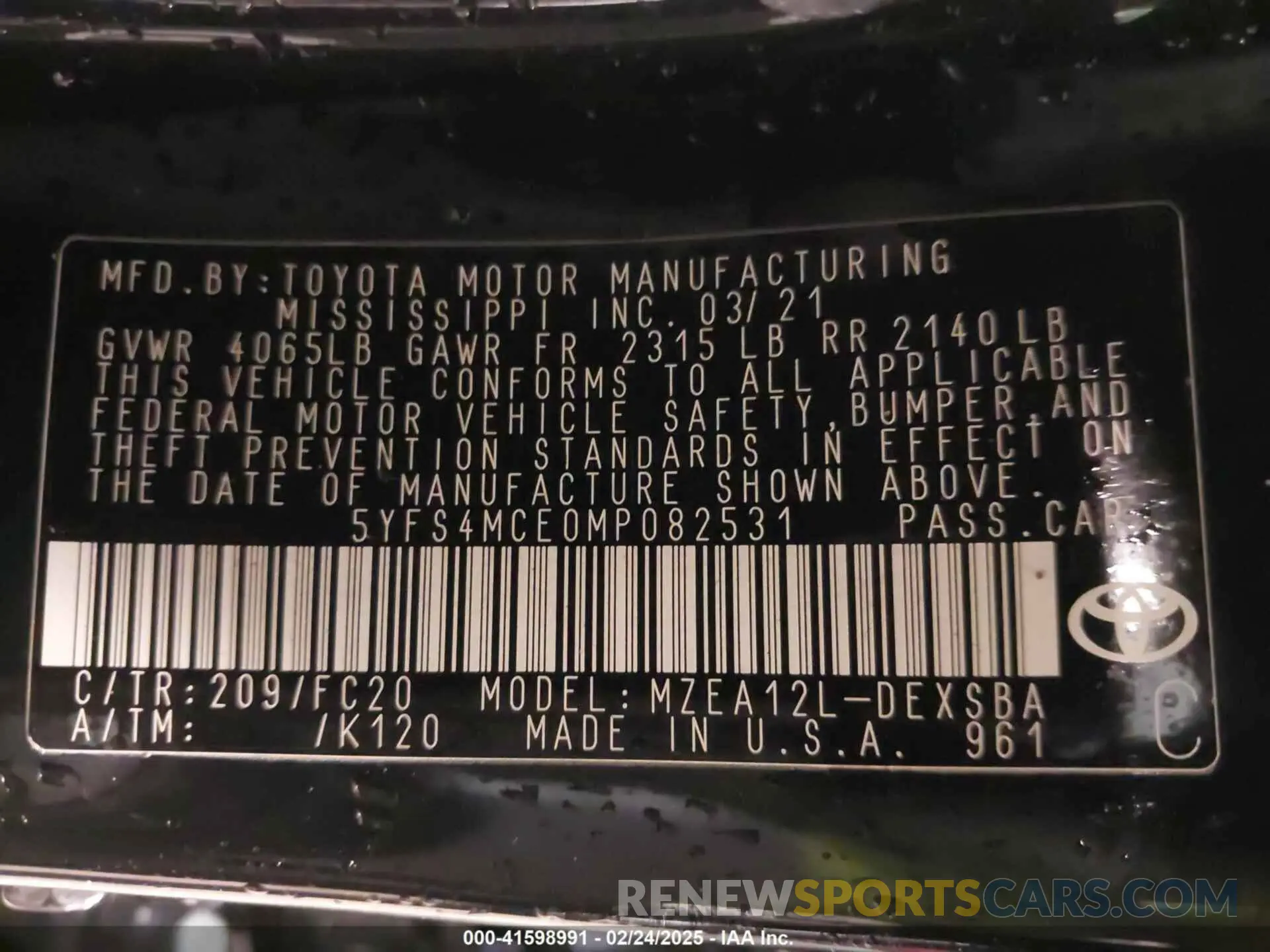 9 fotografías del automóvil dañado 5YFS4MCE0MP082531 TOYOTA COROLLA 2021