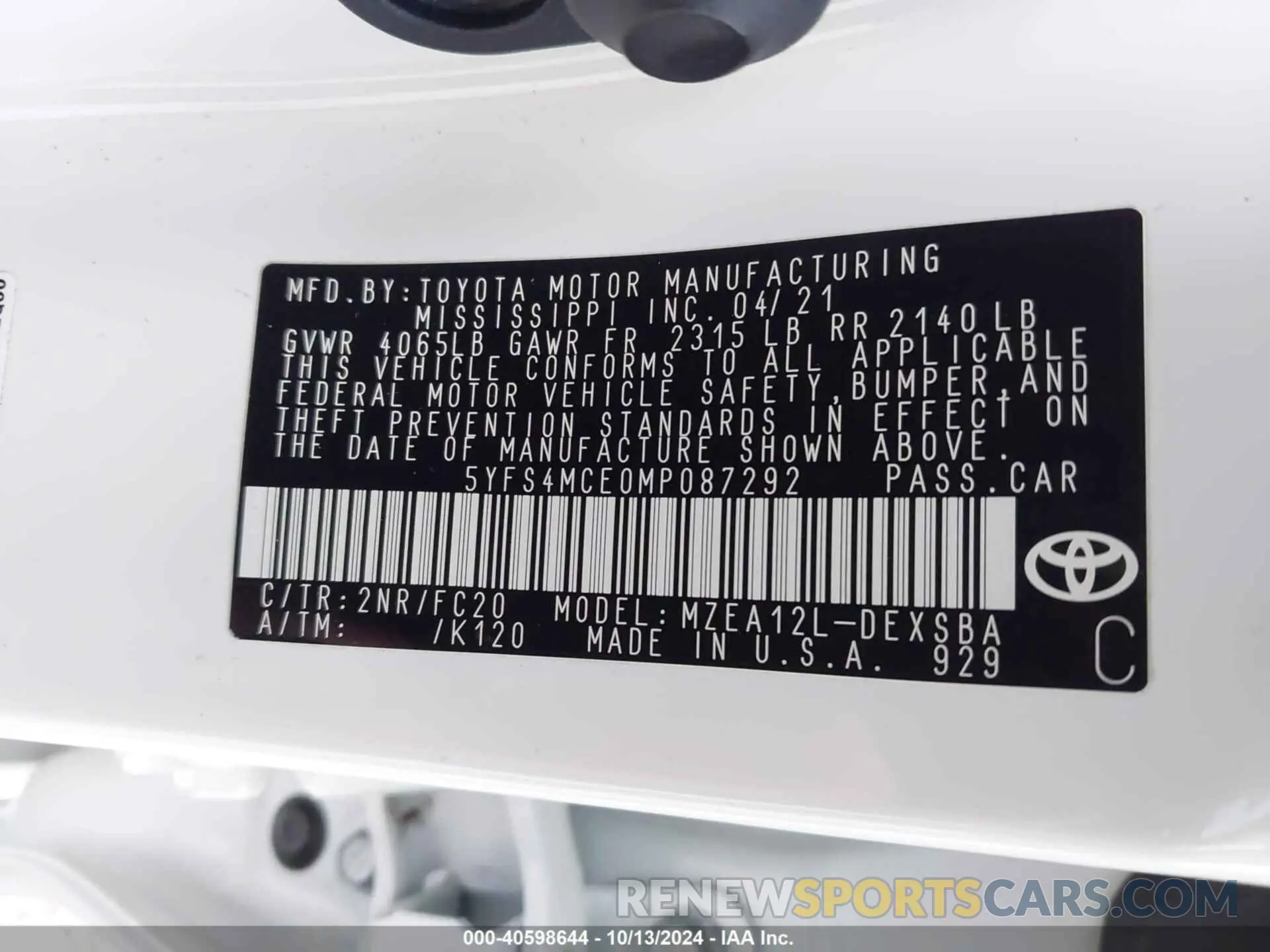 9 fotografías del automóvil dañado 5YFS4MCE0MP087292 TOYOTA COROLLA 2021