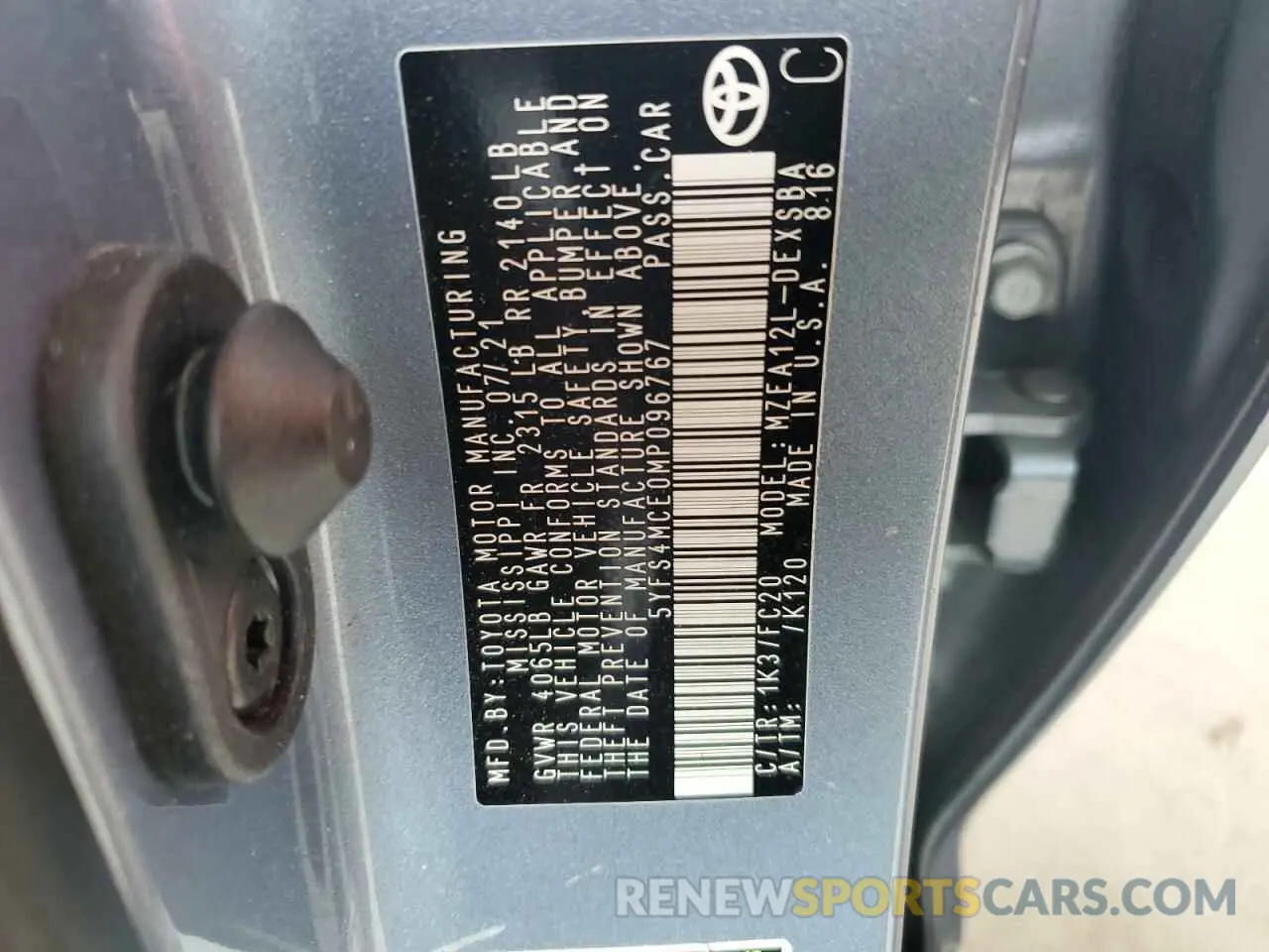 12 fotografías del automóvil dañado 5YFS4MCE0MP096767 TOYOTA COROLLA 2021