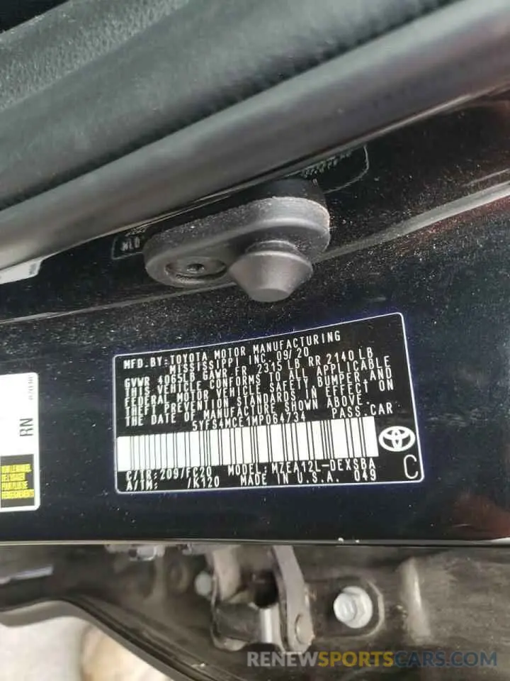 12 fotografías del automóvil dañado 5YFS4MCE1MP064734 TOYOTA COROLLA 2021
