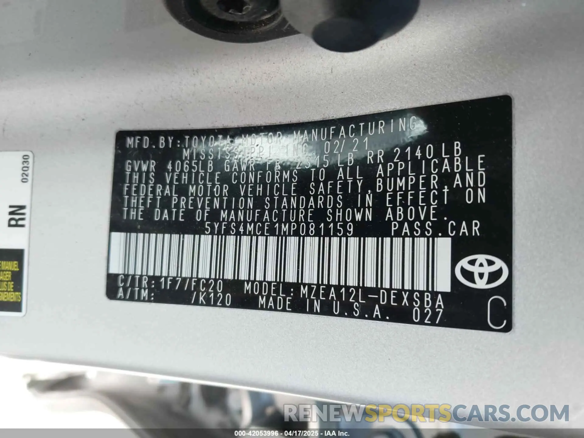 9 fotografías del automóvil dañado 5YFS4MCE1MP081159 TOYOTA COROLLA 2021
