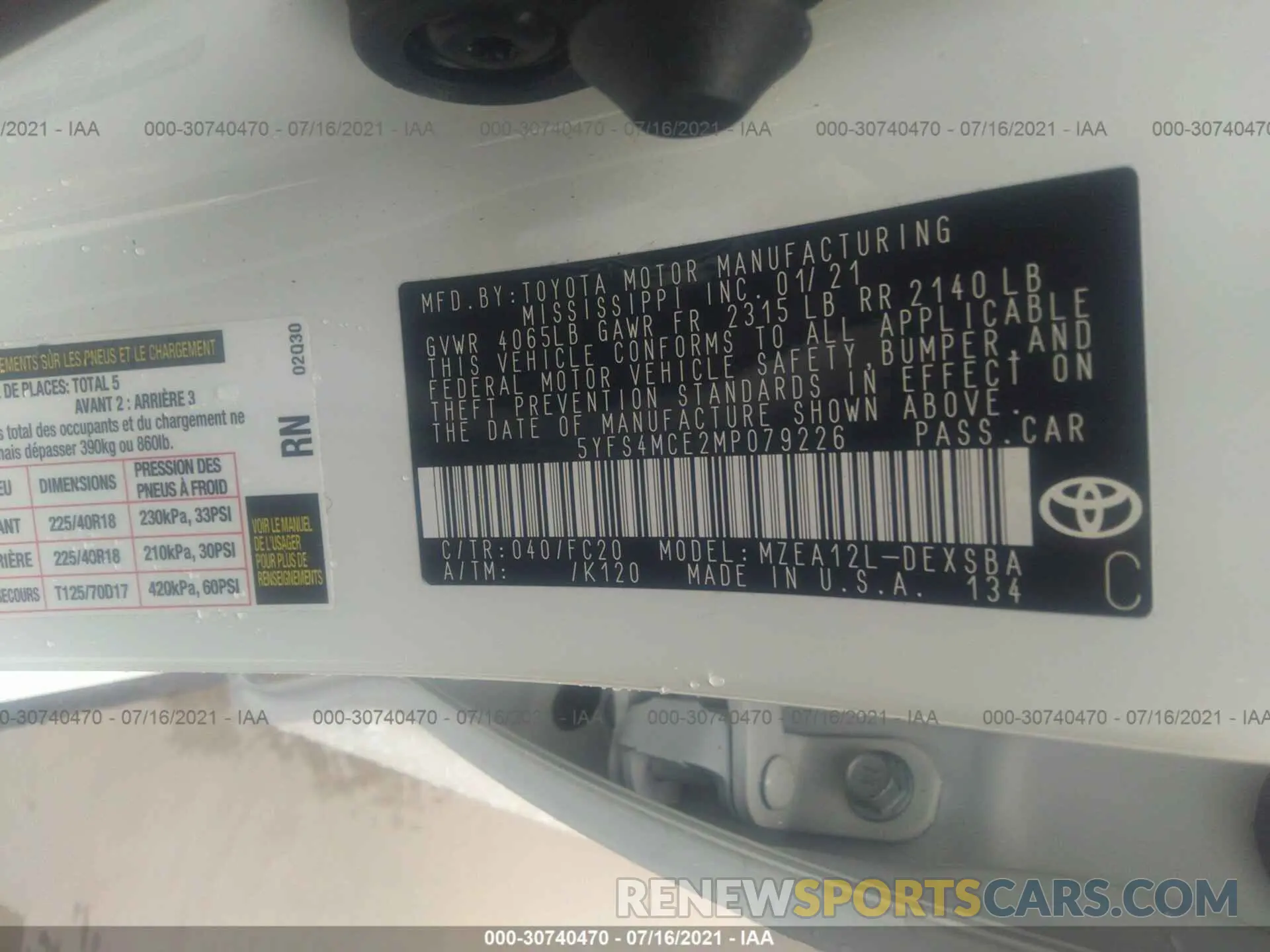 9 fotografías del automóvil dañado 5YFS4MCE2MP079226 TOYOTA COROLLA 2021