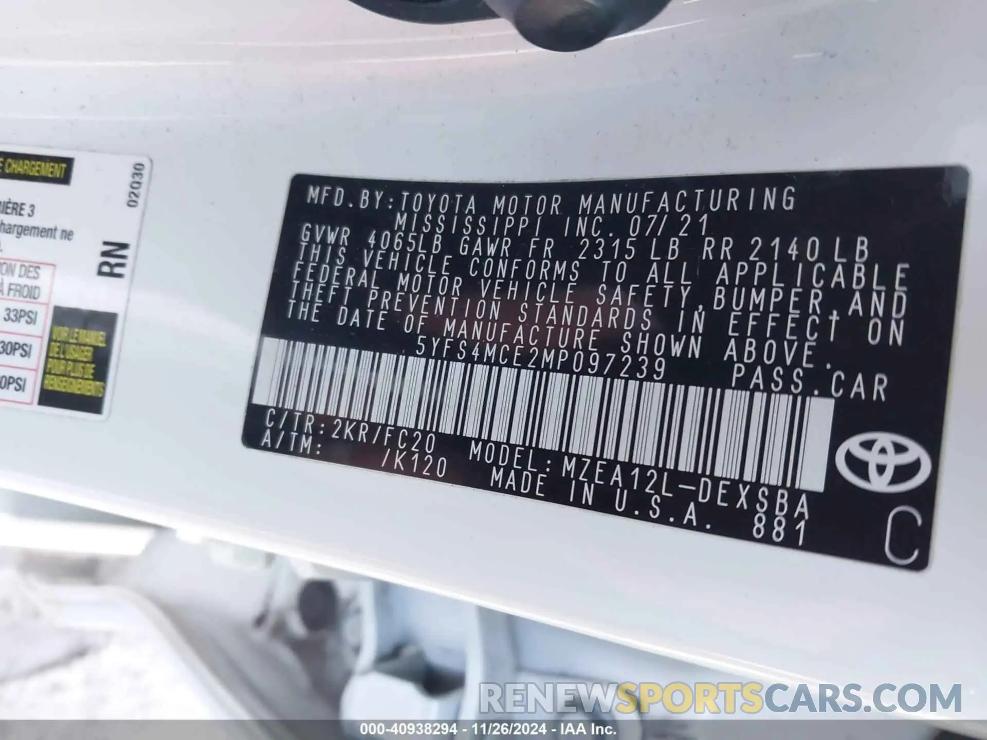 9 fotografías del automóvil dañado 5YFS4MCE2MP097239 TOYOTA COROLLA 2021