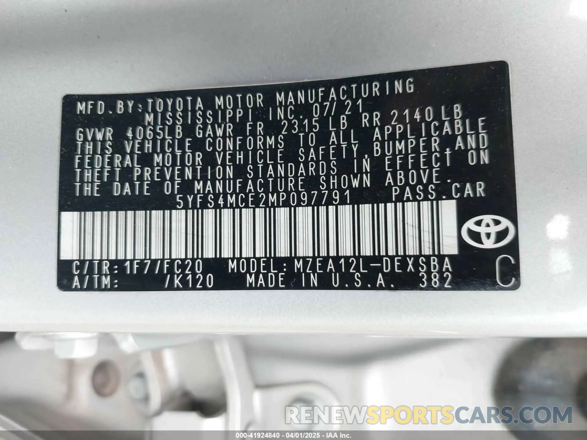 9 fotografías del automóvil dañado 5YFS4MCE2MP097791 TOYOTA COROLLA 2021