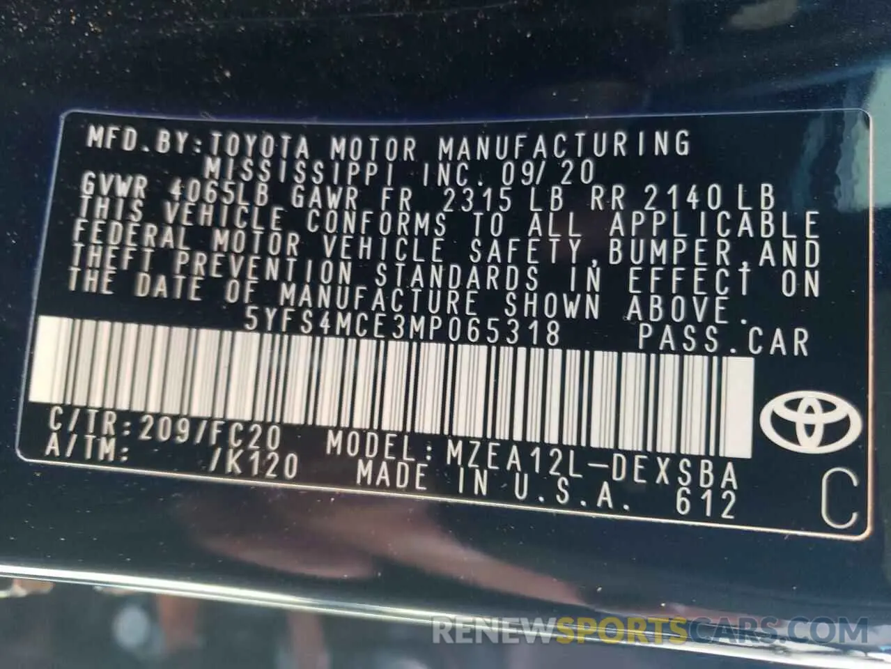 10 fotografías del automóvil dañado 5YFS4MCE3MP065318 TOYOTA COROLLA 2021