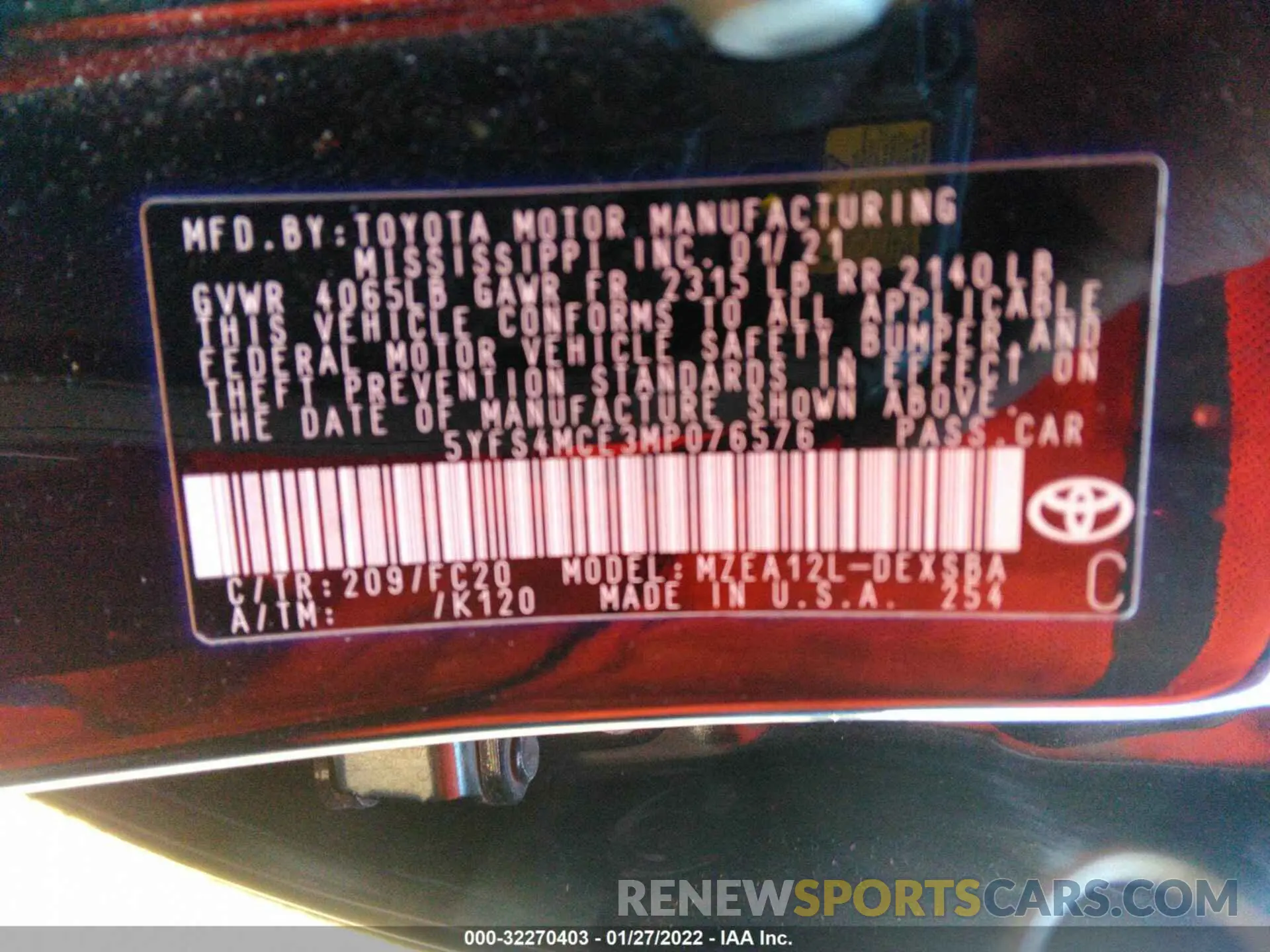 9 fotografías del automóvil dañado 5YFS4MCE3MP076576 TOYOTA COROLLA 2021