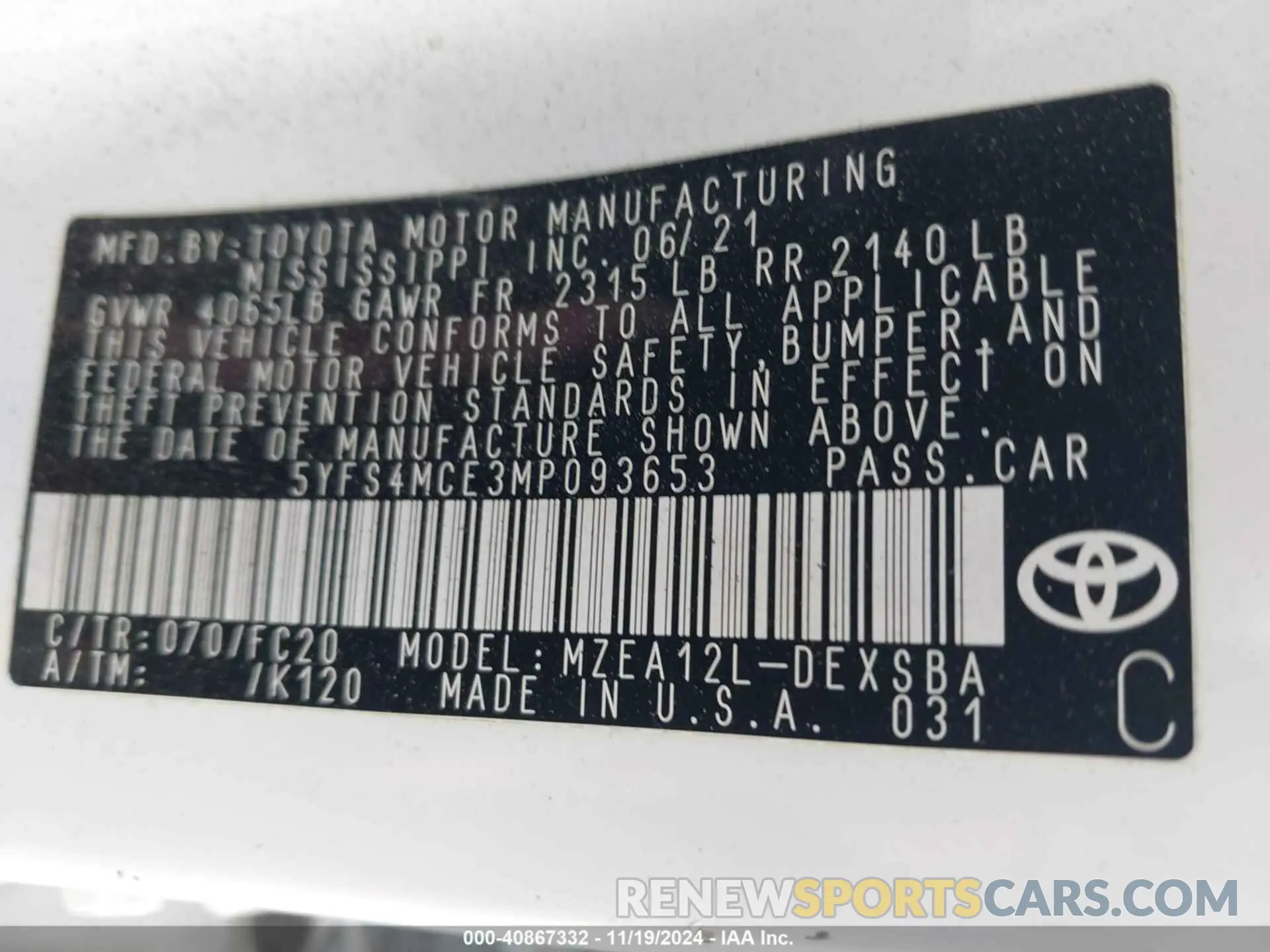 9 fotografías del automóvil dañado 5YFS4MCE3MP093653 TOYOTA COROLLA 2021