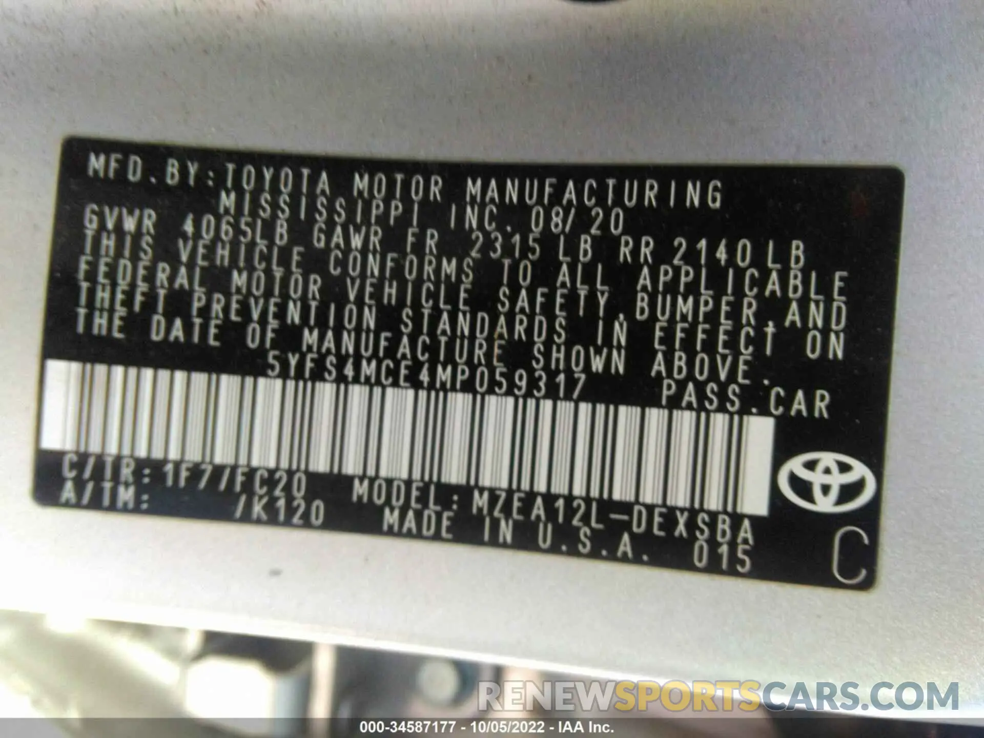9 fotografías del automóvil dañado 5YFS4MCE4MP059317 TOYOTA COROLLA 2021