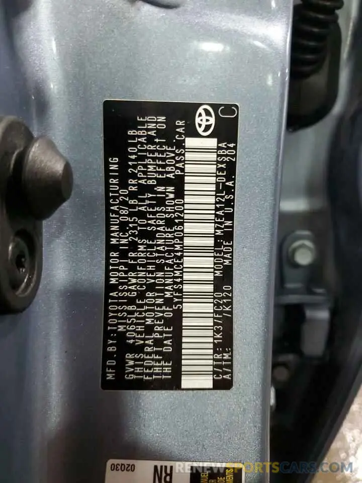 13 fotografías del automóvil dañado 5YFS4MCE4MP061200 TOYOTA COROLLA 2021