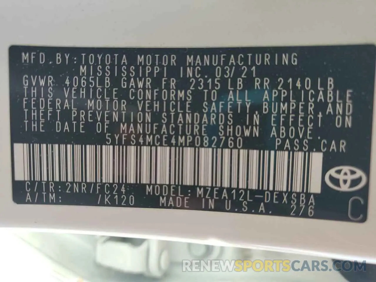 12 fotografías del automóvil dañado 5YFS4MCE4MP082760 TOYOTA COROLLA 2021