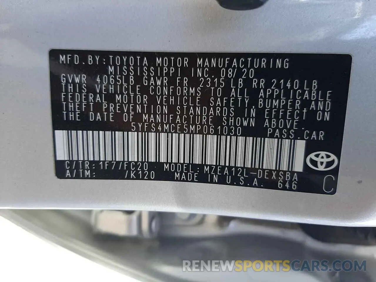 10 fotografías del automóvil dañado 5YFS4MCE5MP061030 TOYOTA COROLLA 2021