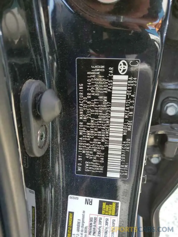11 fotografías del automóvil dañado 5YFS4MCE5MP073517 TOYOTA COROLLA 2021