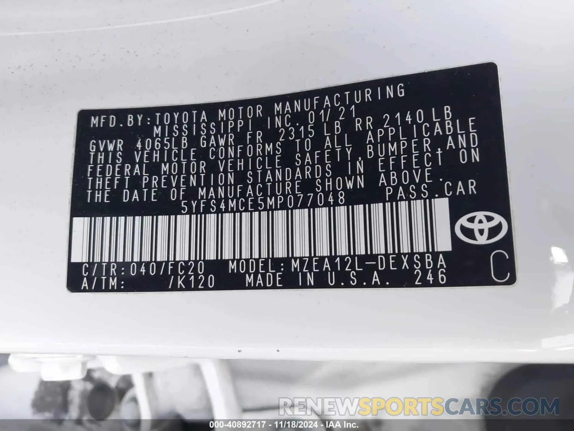 9 fotografías del automóvil dañado 5YFS4MCE5MP077048 TOYOTA COROLLA 2021