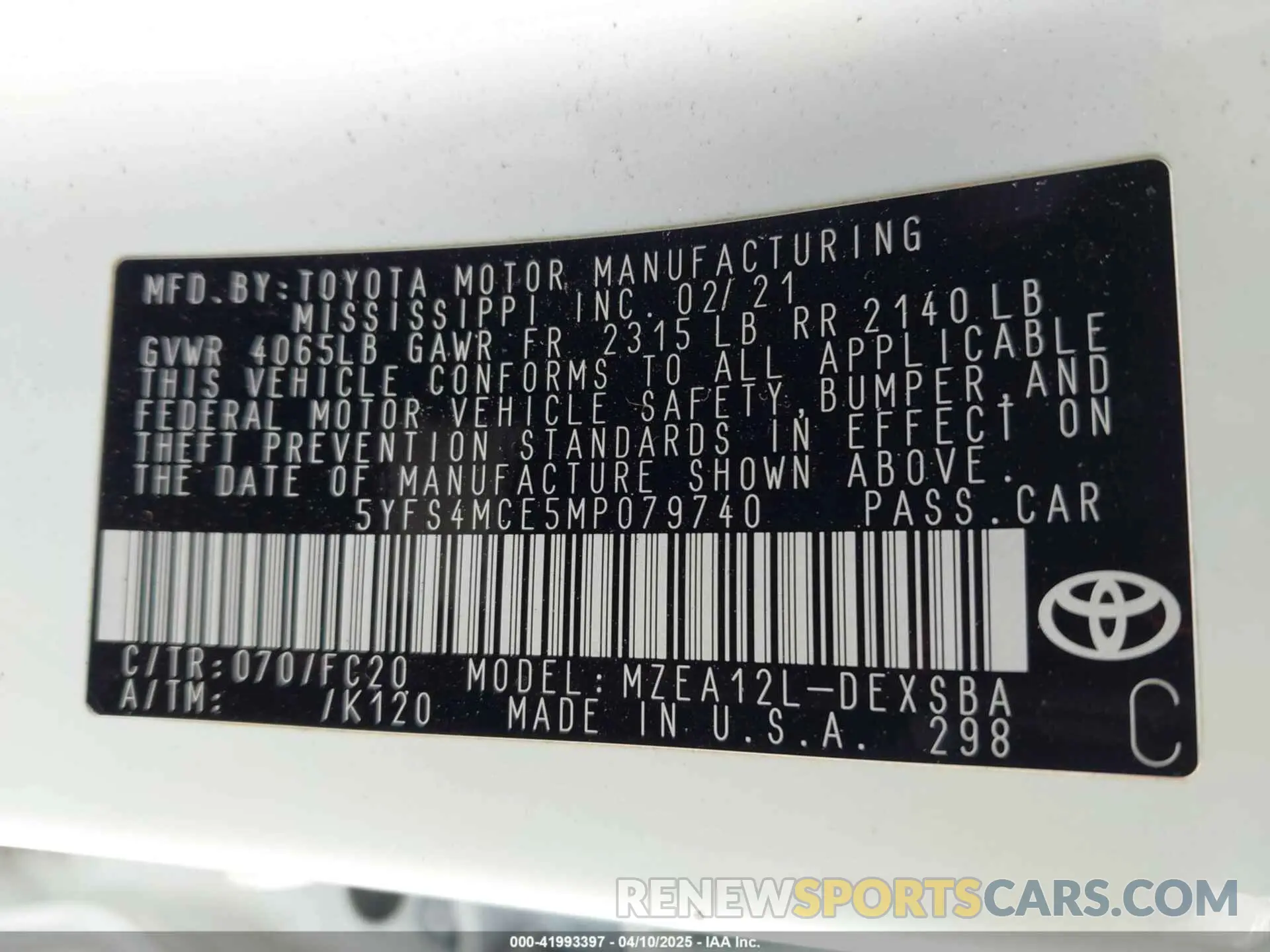 9 fotografías del automóvil dañado 5YFS4MCE5MP079740 TOYOTA COROLLA 2021