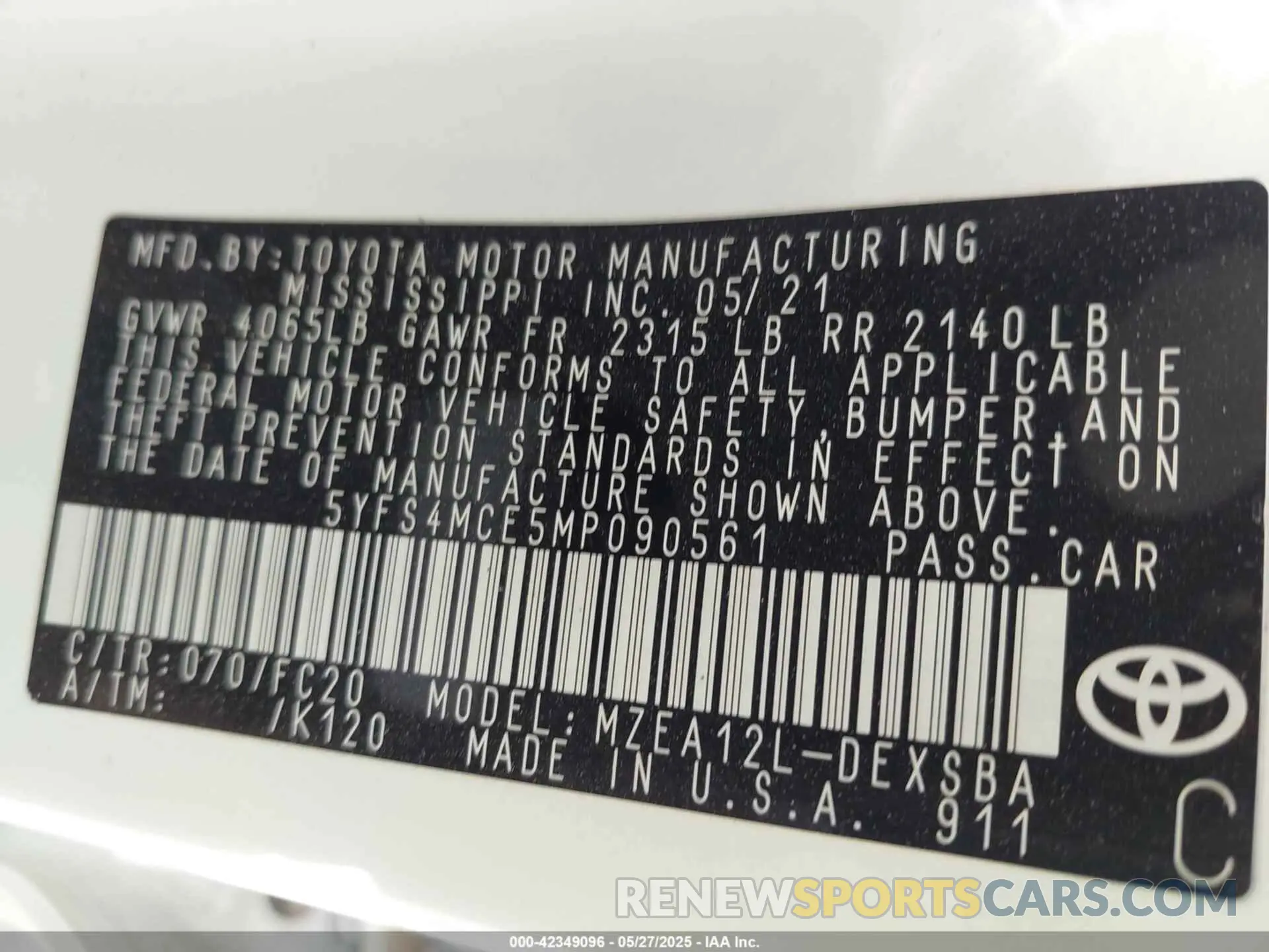 9 fotografías del automóvil dañado 5YFS4MCE5MP090561 TOYOTA COROLLA 2021