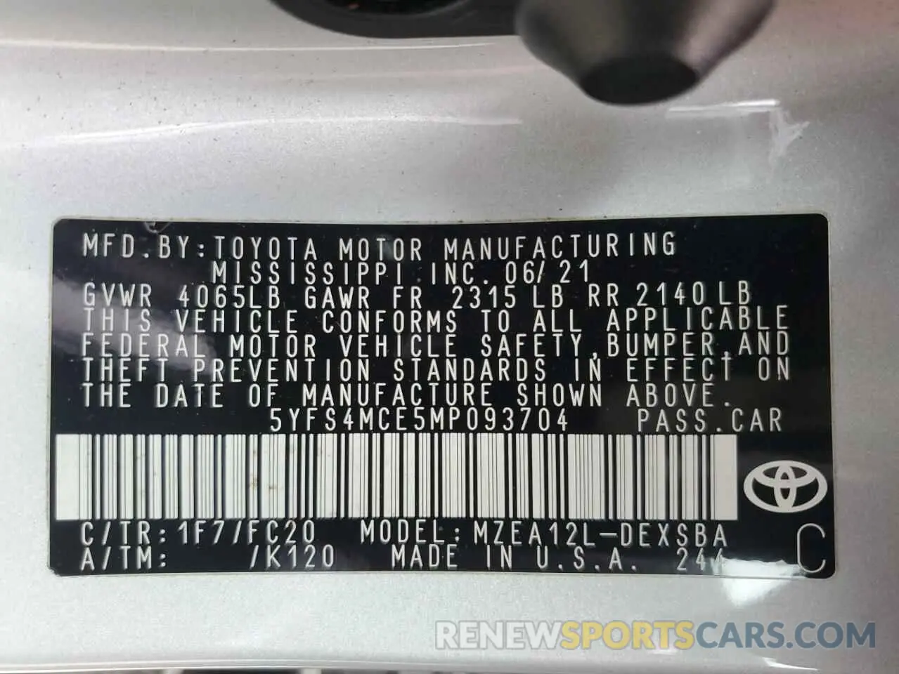 12 fotografías del automóvil dañado 5YFS4MCE5MP093704 TOYOTA COROLLA 2021
