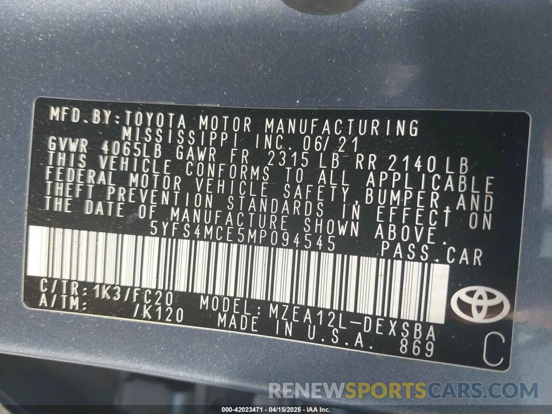 9 fotografías del automóvil dañado 5YFS4MCE5MP094545 TOYOTA COROLLA 2021