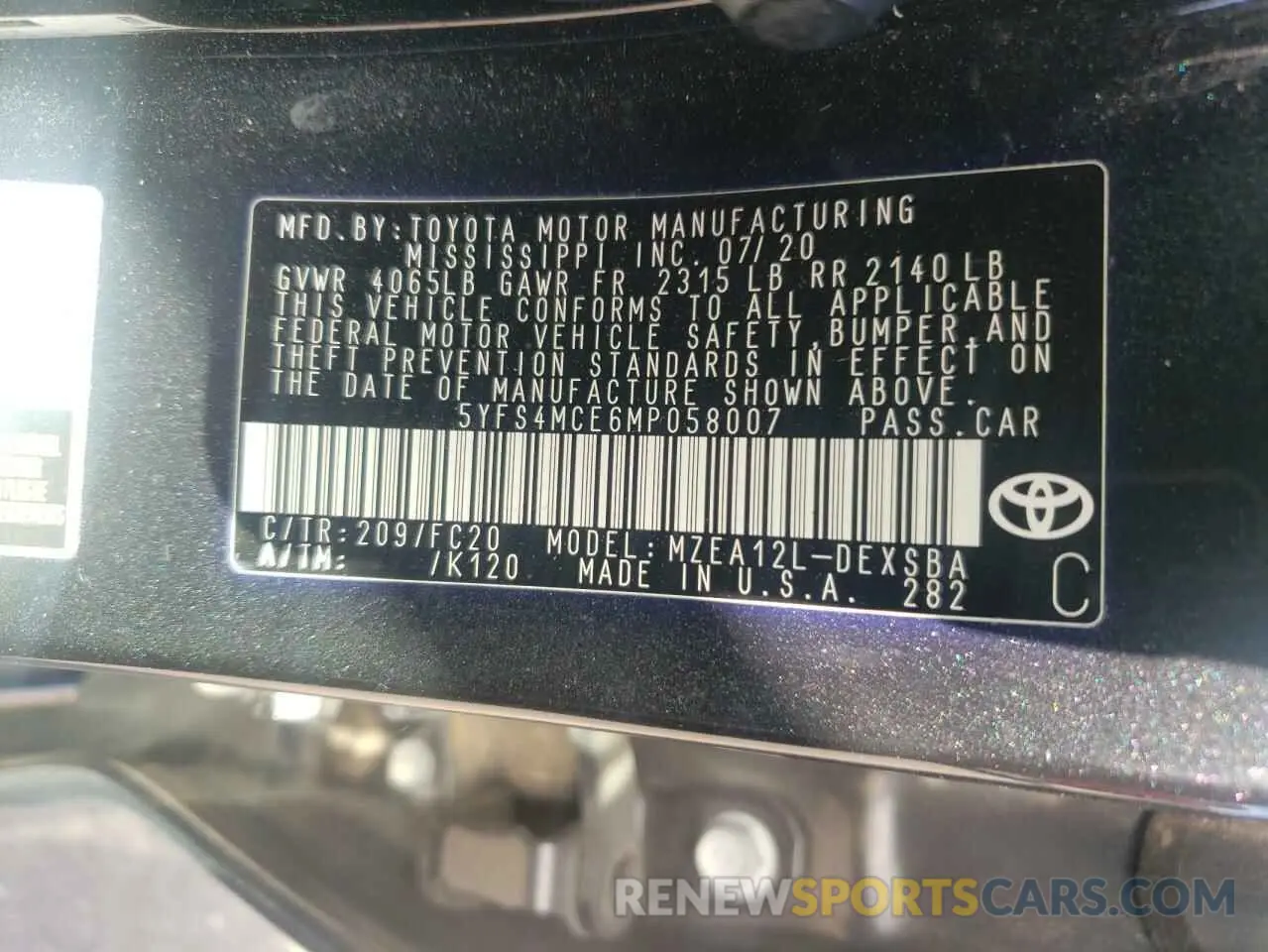 12 fotografías del automóvil dañado 5YFS4MCE6MP058007 TOYOTA COROLLA 2021