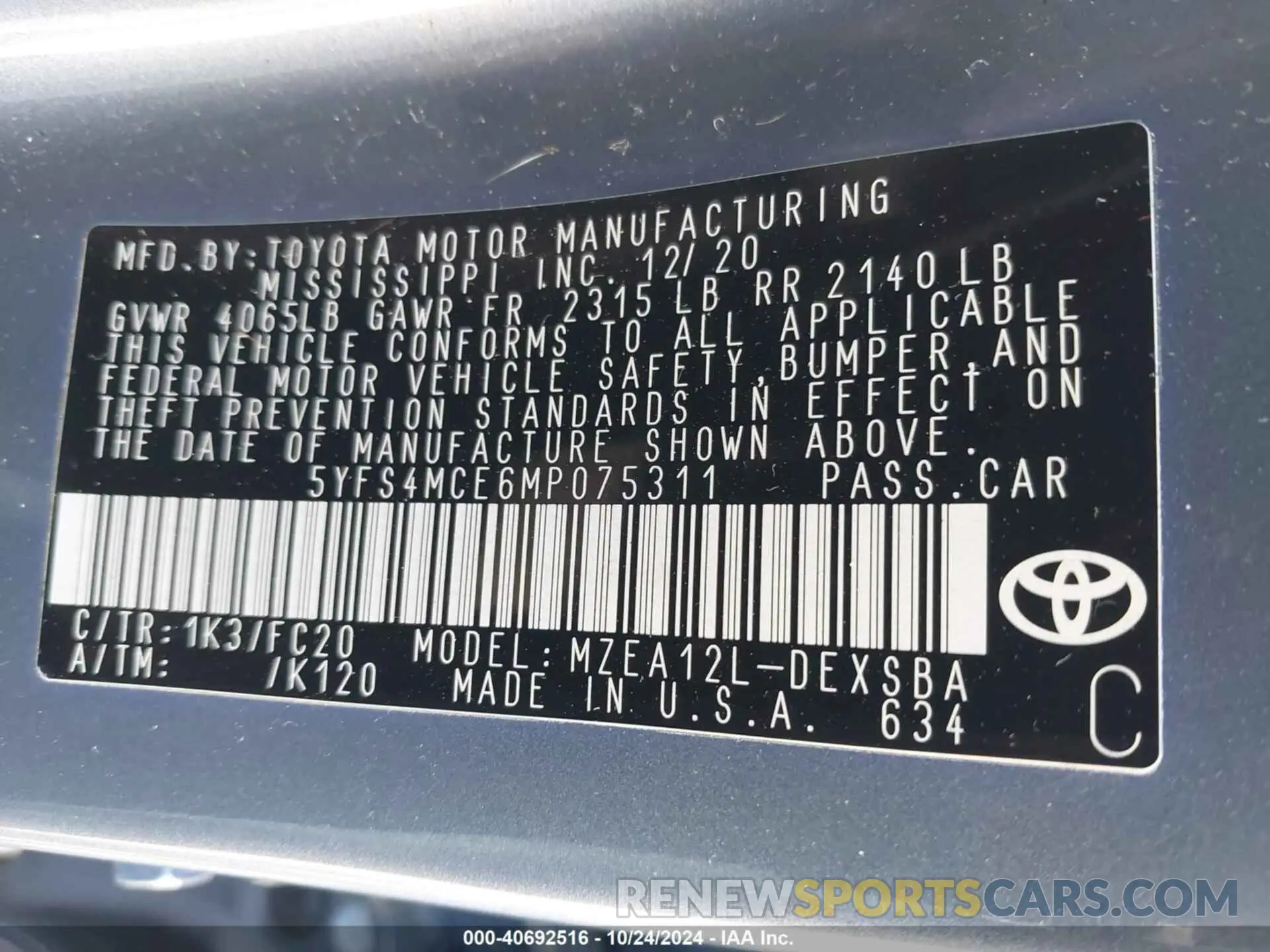 9 fotografías del automóvil dañado 5YFS4MCE6MP075311 TOYOTA COROLLA 2021