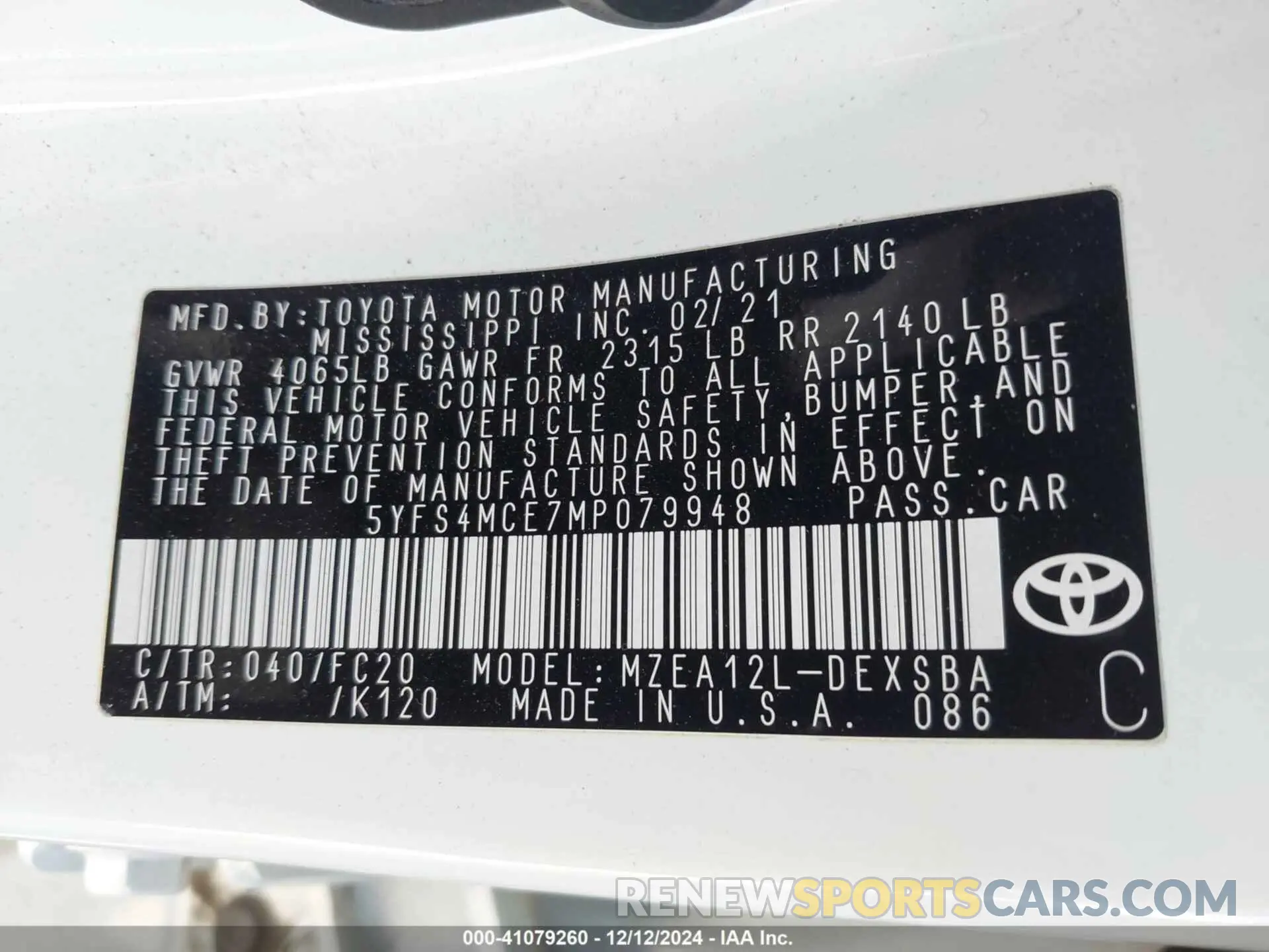 9 fotografías del automóvil dañado 5YFS4MCE7MP079948 TOYOTA COROLLA 2021