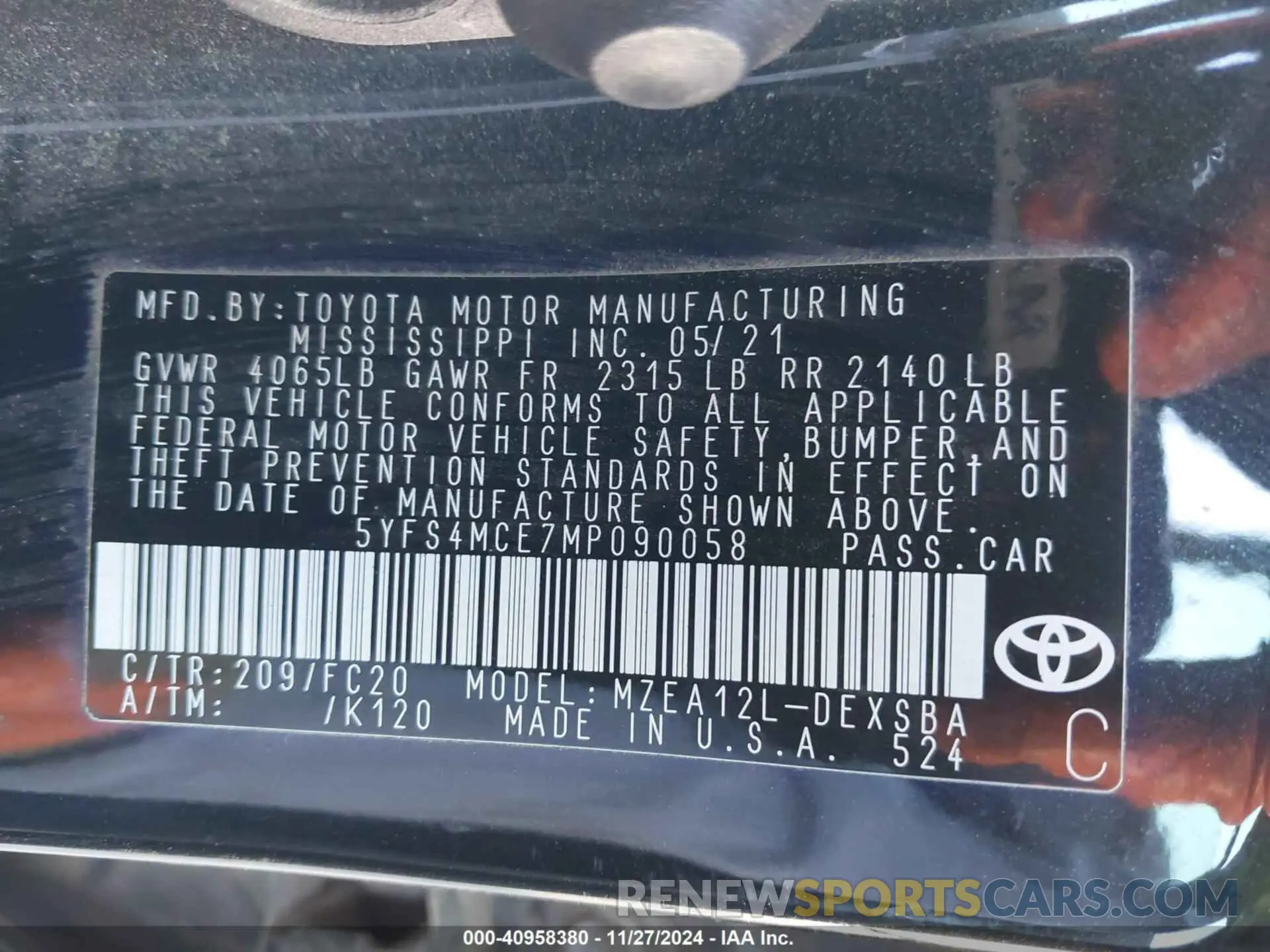 9 fotografías del automóvil dañado 5YFS4MCE7MP090058 TOYOTA COROLLA 2021