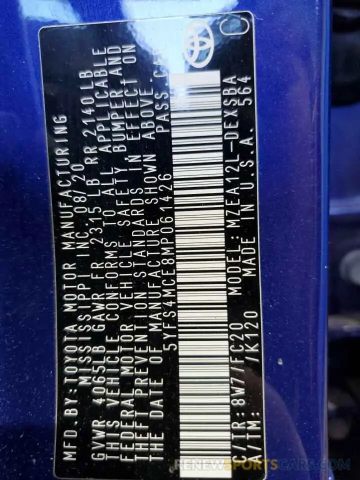 13 fotografías del automóvil dañado 5YFS4MCE8MP061426 TOYOTA COROLLA 2021