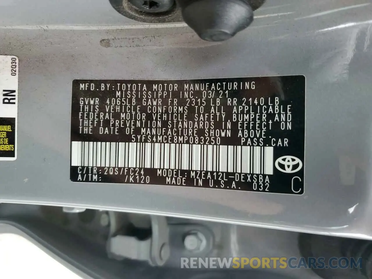 14 fotografías del automóvil dañado 5YFS4MCE8MP083250 TOYOTA COROLLA 2021