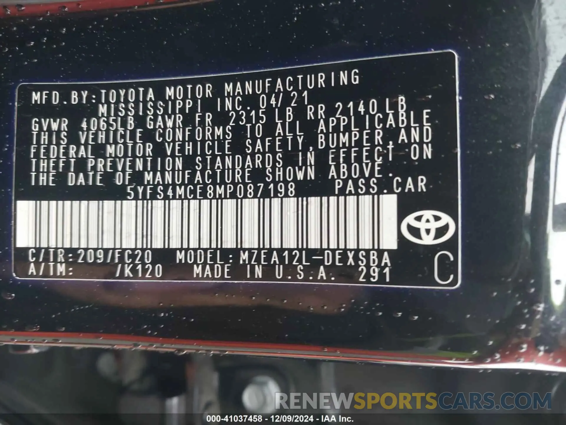 9 fotografías del automóvil dañado 5YFS4MCE8MP087198 TOYOTA COROLLA 2021
