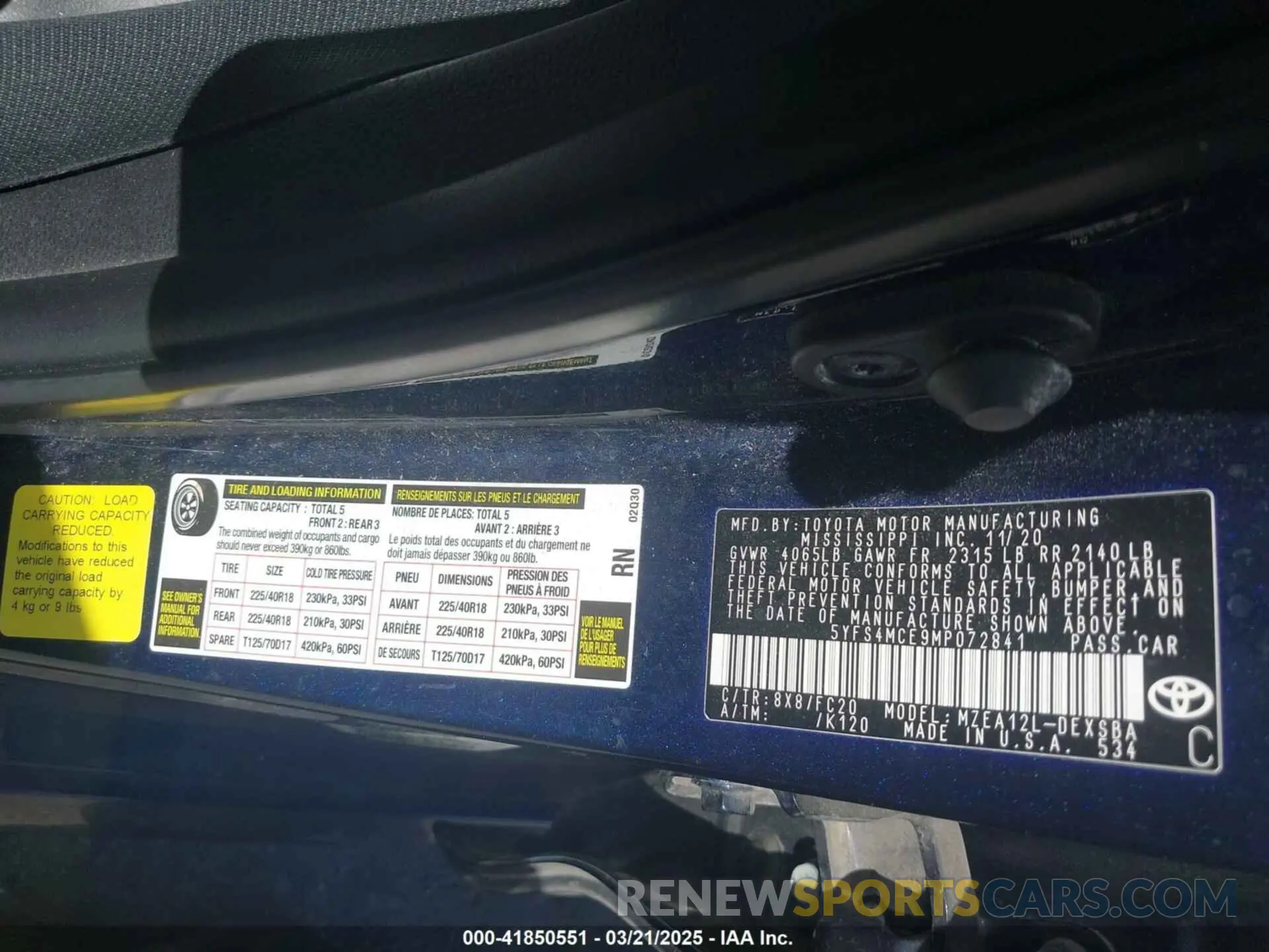 9 fotografías del automóvil dañado 5YFS4MCE9MP072841 TOYOTA COROLLA 2021