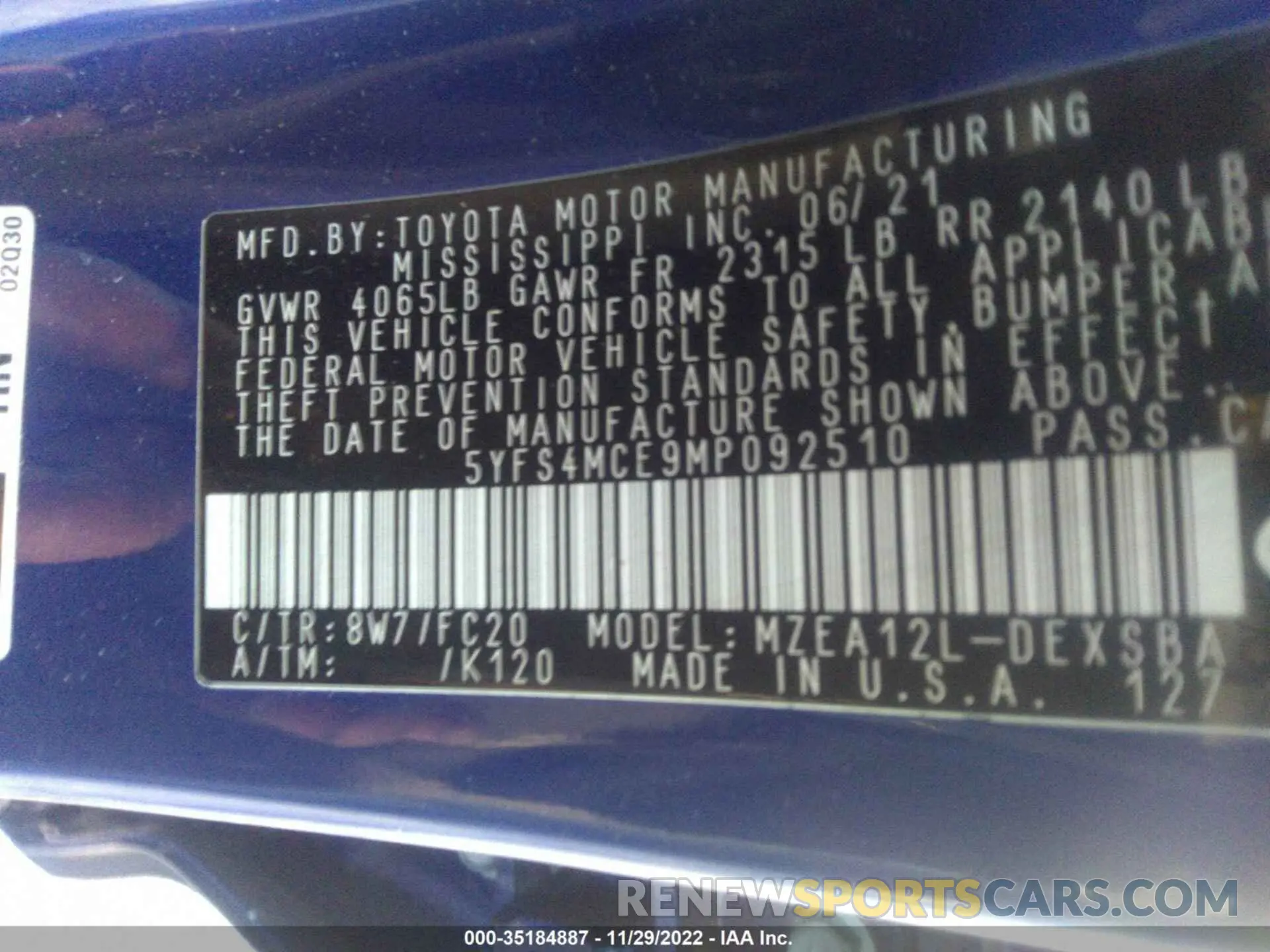9 fotografías del automóvil dañado 5YFS4MCE9MP092510 TOYOTA COROLLA 2021