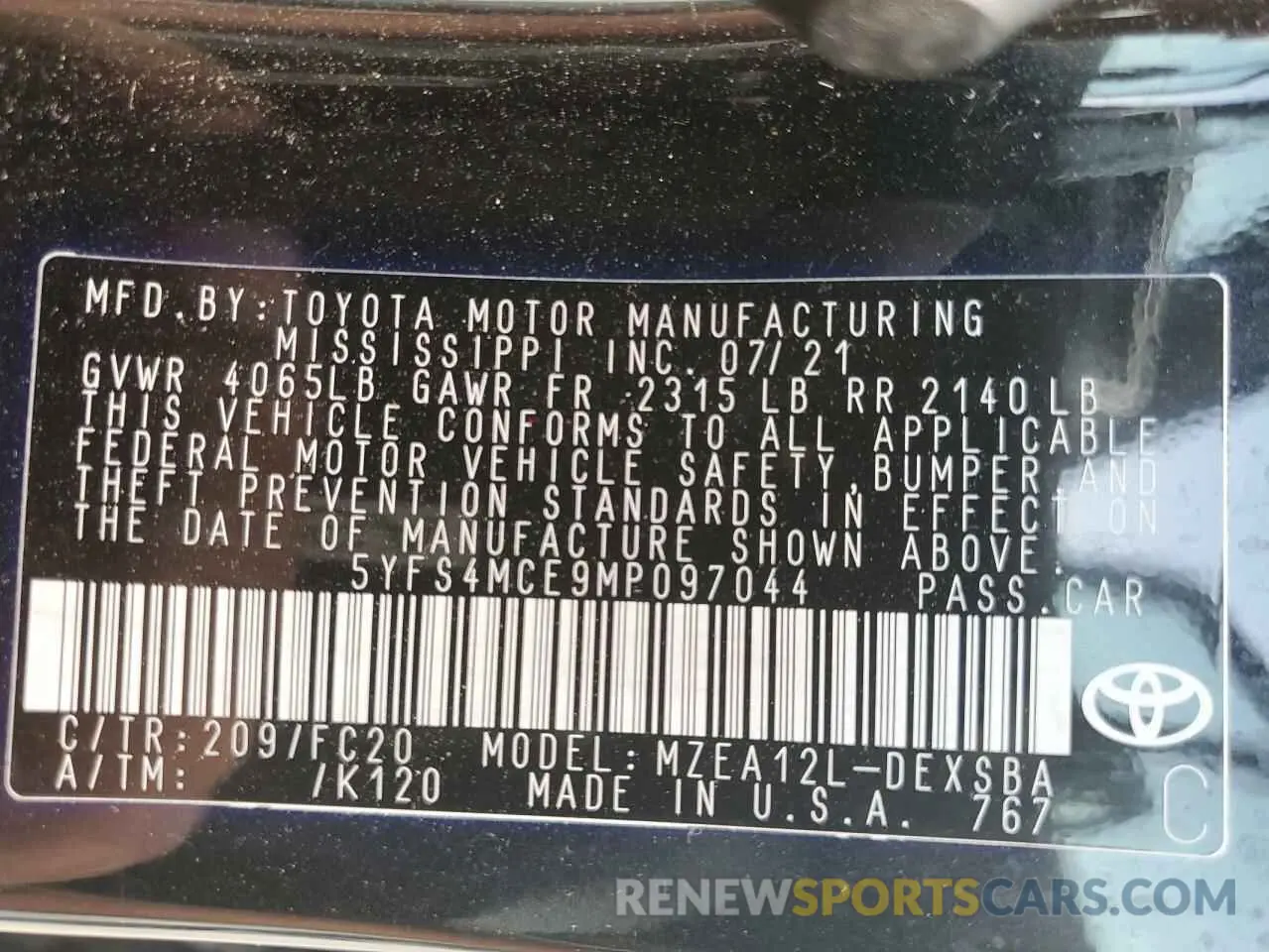15 fotografías del automóvil dañado 5YFS4MCE9MP097044 TOYOTA COROLLA 2021