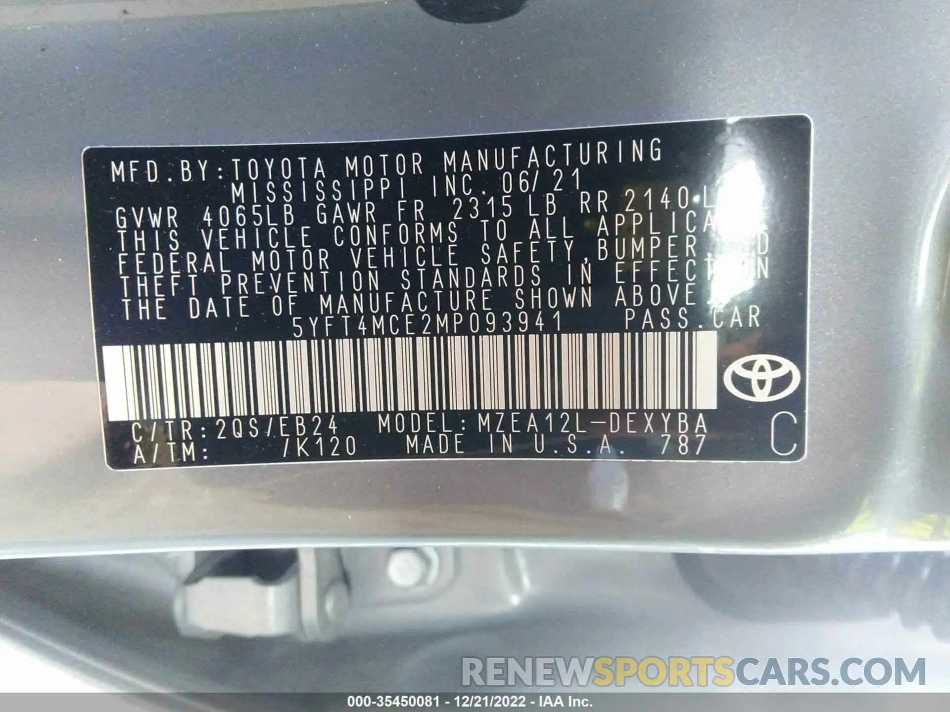 9 fotografías del automóvil dañado 5YFT4MCE2MP093941 TOYOTA COROLLA 2021