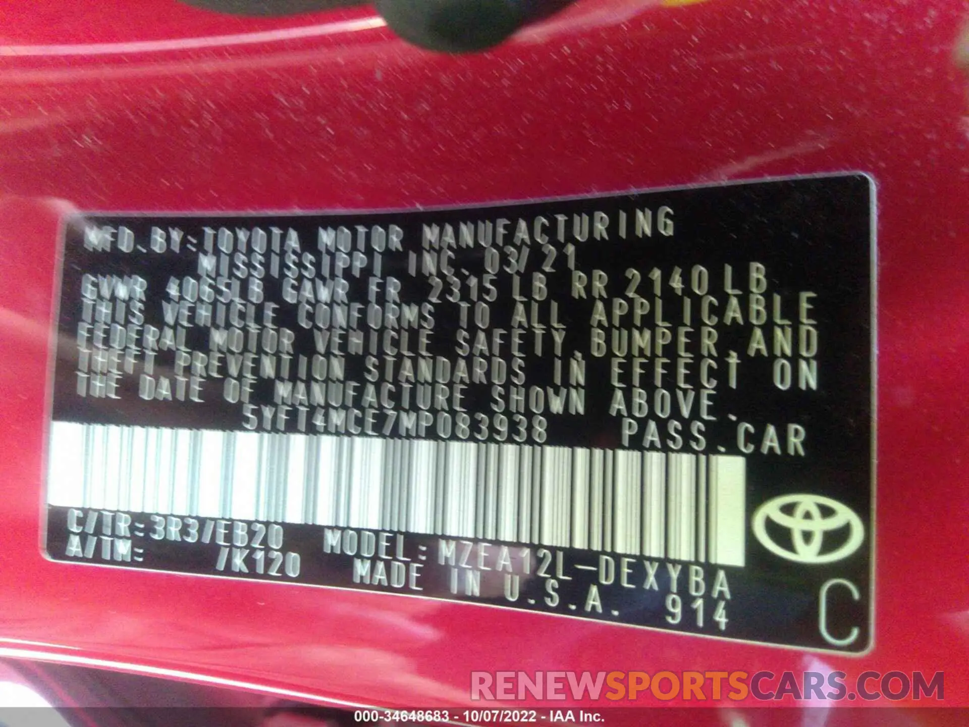 9 fotografías del automóvil dañado 5YFT4MCE7MP083938 TOYOTA COROLLA 2021