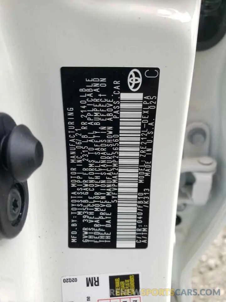10 fotografías del automóvil dañado 5YFVPMAE2MP256560 TOYOTA COROLLA 2021