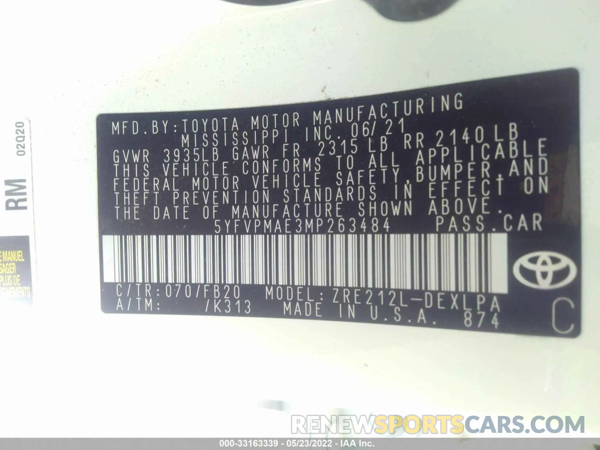 9 fotografías del automóvil dañado 5YFVPMAE3MP263484 TOYOTA COROLLA 2021