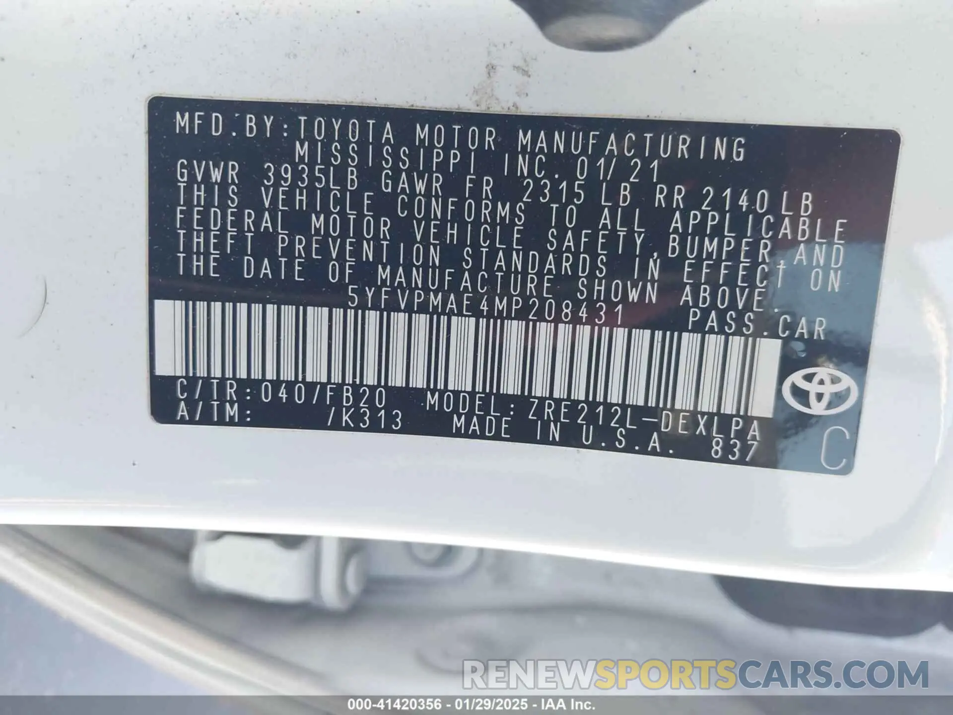 9 fotografías del automóvil dañado 5YFVPMAE4MP208431 TOYOTA COROLLA 2021